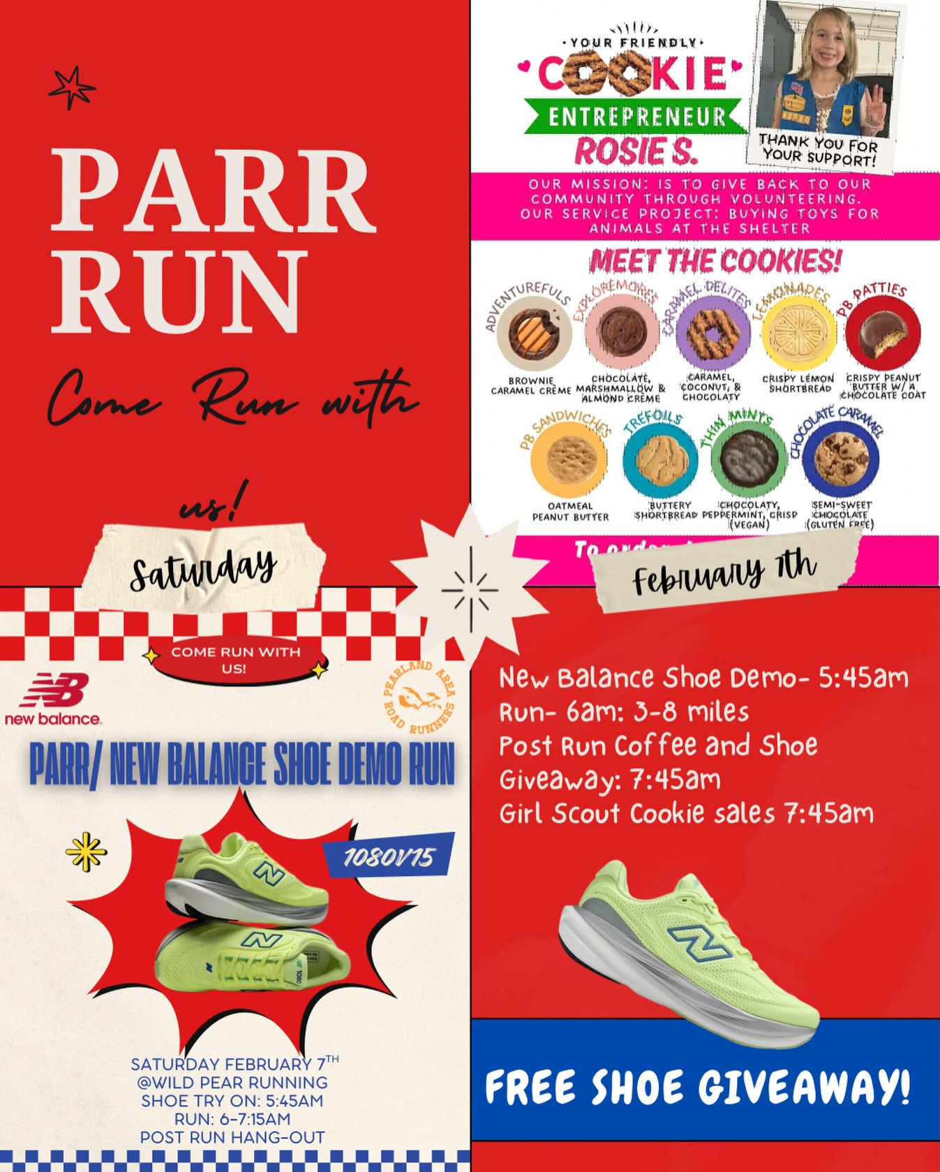 🚨PARR Saturday New Balance Run🚨 Saturday February 7th
Wild Pear Running
5:45- shoe try on
6am run take off 3-8 miles
7:45 post run coffee and shoe giveaway
Girl Scout cookies will be for sale as well!
Come run with us!
Go PARR 🧡