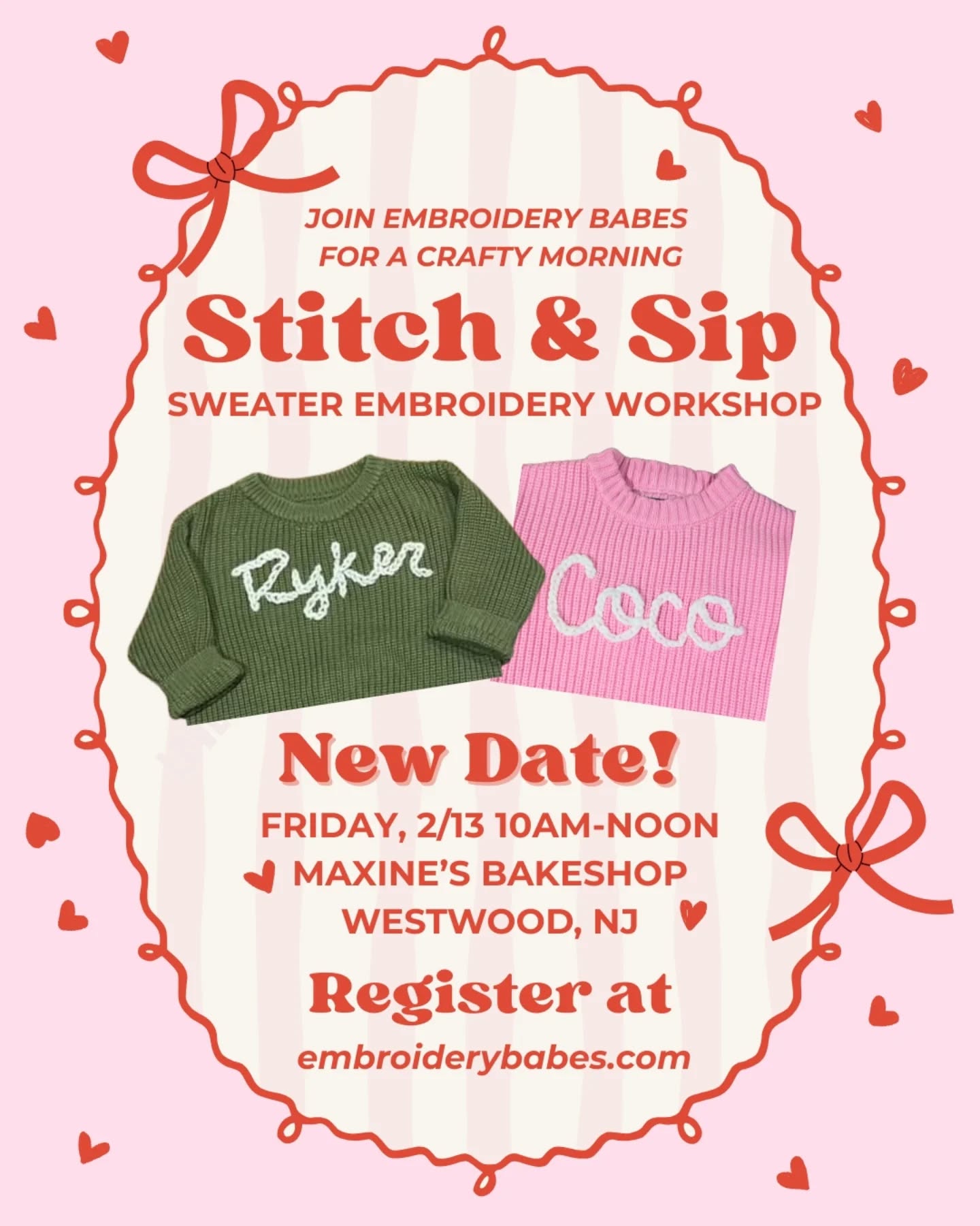 New date 💘 Join us on 2/13 at @maxinesbakeshop for a morning Sweater Chain Stitch Embroidery Workshop — the coziest way to celebrate Valentine’s season.
Led by Embroidery Babes founder Michelle, you’ll learn chain stitch embroidery using yarn on your own (or your kids’) sweaters and knit accessories. Totally beginner-friendly, ultra cozy, and very satisfying.
Come with friends or come solo and treat yourself to a creative (and delicious) morning out ☕🧶
🎟️ A few spots still available at embroiderybabes.com
👩🍼 Babies under 12 months in a stroller or carrier are welcome
#ChainStitchWorkshop #YarnEmbroidery #ValentinesWorkshops #GalentinesPlans #westwoodnj