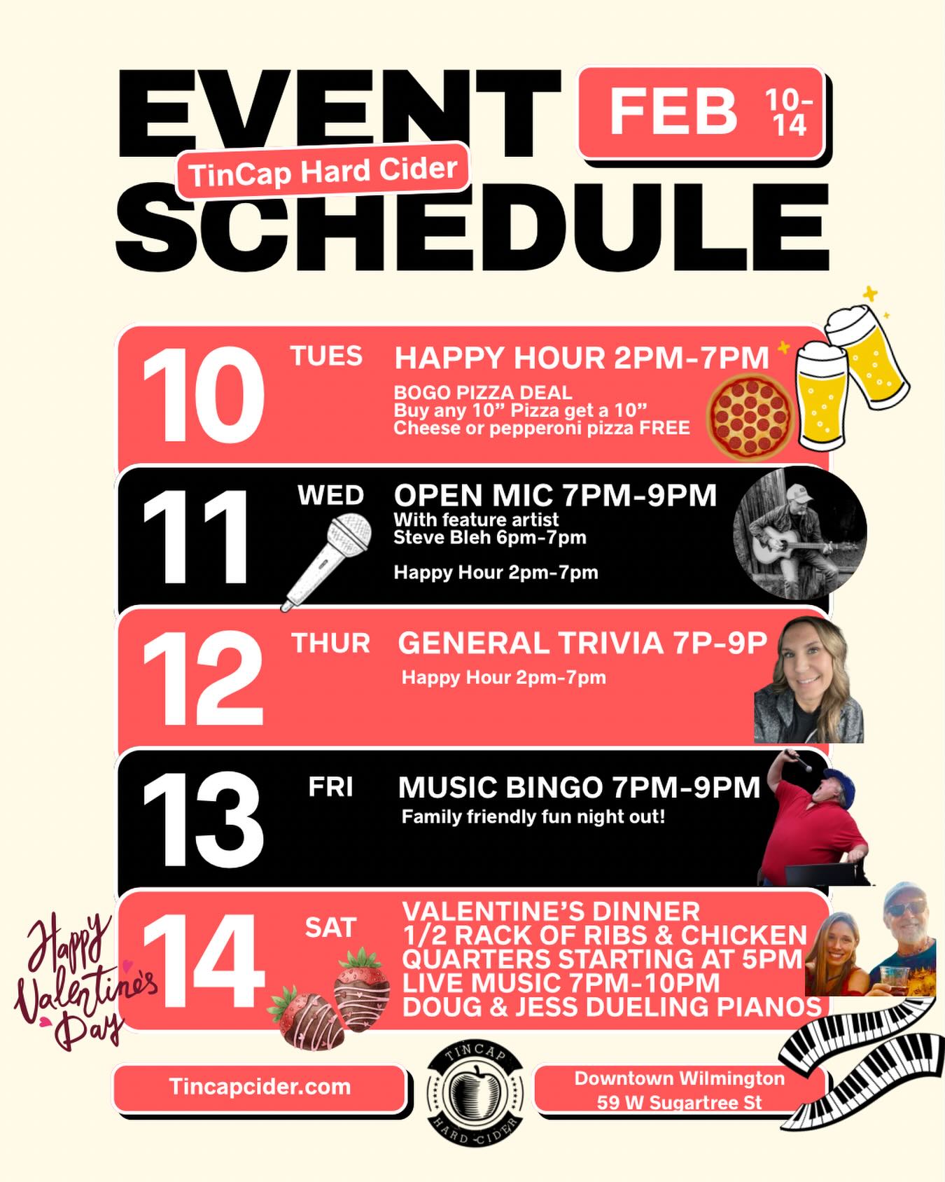 ✨ This Week at TinCap! ✨🍻
We’ve got a FULL week of fun lined up — grab your calendar and make plans with us! 👇
🍹 Happy Hour
🗓️ Tuesday, Wednesday & Thursday
⏰ 2PM–7PM
🎤 Wednesday Open Mic
⏰ Feature Artist Steve Bleh | 6PM–7PM
🎶 Open Mic | 7PM–9PM
🧠 Thursday General Trivia
⏰ 7PM–9PM
Bring your team and your brain power! 🤓
🎶 Friday Music BINGO
⏰ 7PM–9PM
A fun, family-friendly night out! 🎉
💘 Saturday Valentine’s Dinner
⏰ Starting at 5PM
🍖 Baby Back Ribs & 🍗 Chicken Quarters
🥗 Includes 2 sides, salad & cornbread
🎹 Live Music: Doug & Jess – Dueling Pianos
⏰ 7PM–10PM
🎤 Put in your requests, sing along, and let the fun begin!
#TinCapEvents #LiveMusic #TriviaNight #HappyHourVibes #FamilyFun