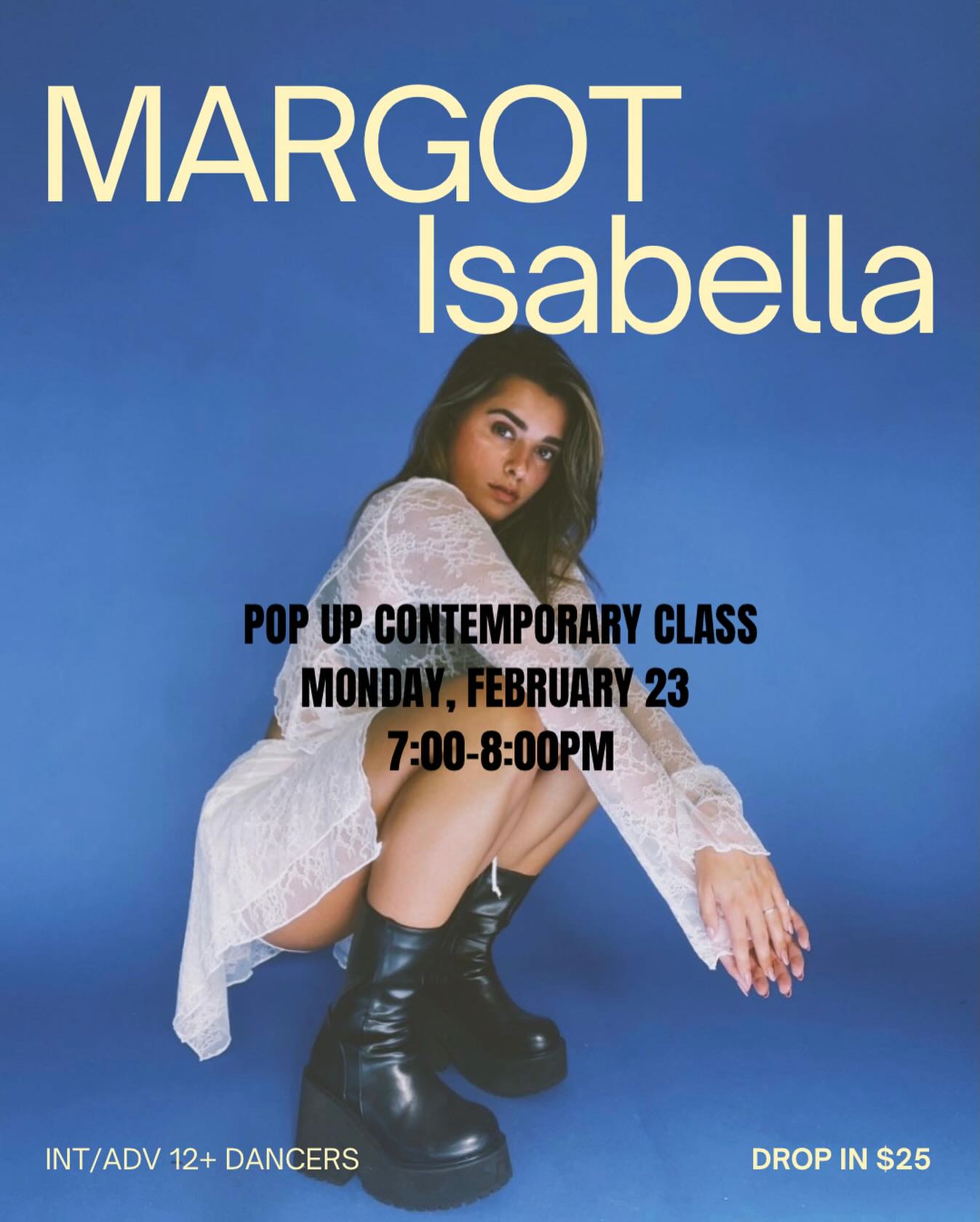 Our next pop up class is coming up Monday, February 23! β¨
This time we welcome Margot Isabella for a contemporary class βοΈ
Her teaching credits include Tmilly TV, Playground LA, Eighty Eight Studios, Millennium Dance Complex, BDC New York, & more β and we are so excited to have her share her artistry and experience with our dancers.
Join in on this exclusive opportunity!
DM us to sign up ?
