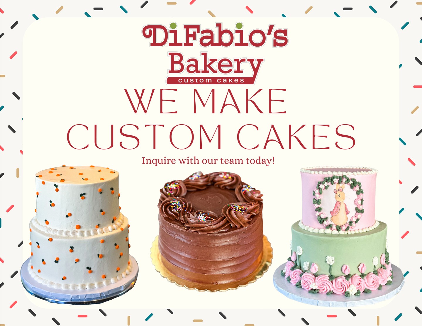 Choose DiFabio's Bakery for all your custom cake needs!
Cakes, dessert trays, cupcakes AND MORE! ?
#DiFabios #MediaPA #Catering #BakeryCatering #Desserts #Treats #PartyPlatters #CateredEvents #SeasonalSweets #BirthdayPartyIdeas #BakeryLove #PhillySuburbs #DessertTable #CateringServices #Gatherings #SweetTreats #EventCatering #CookiesAndCakes #SupportLocalPA #MediaPAEats