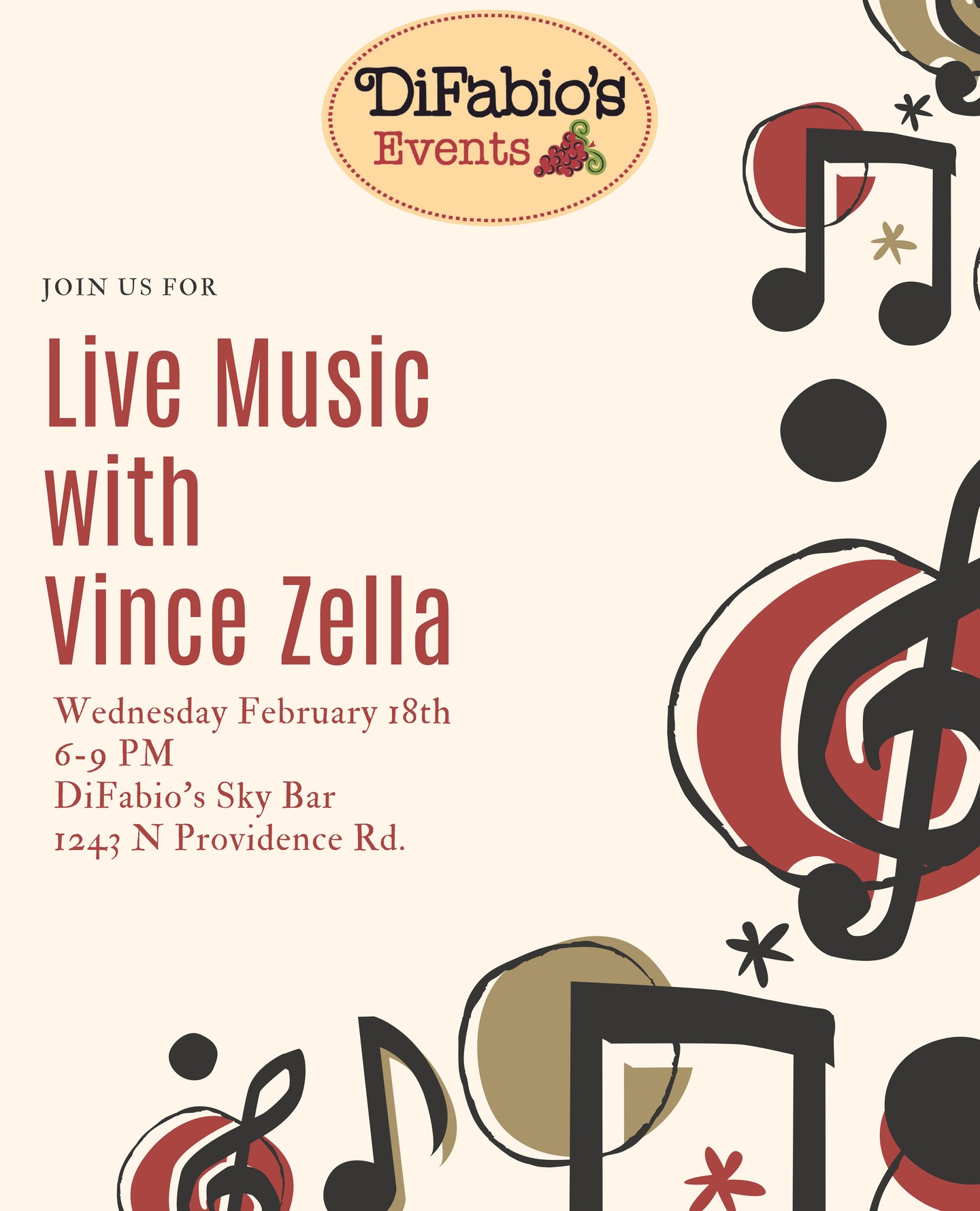 Next Week, Join us in the Sky Bar for live music with Vince Zella!?
6-9 PM
Make your reservation by calling 484-444-0850 or online at difabiosevents.com
We can't wait to see you!
#DiFabios #MediaPA #LiveMusicMedia #MediaPAEvents #LiveMusicNight #LiveInMedia #MainLineEvents #DelcoEvents #DelcoNightlife #LivePerformance #LocalMusicScene #SupportLocalMusic #WeekendVibes #NightOutMedia #DiningAndMusic #LiveBand #LiveEntertainment #PAEvents #GoodVibesOnly #FoodAndMusic
