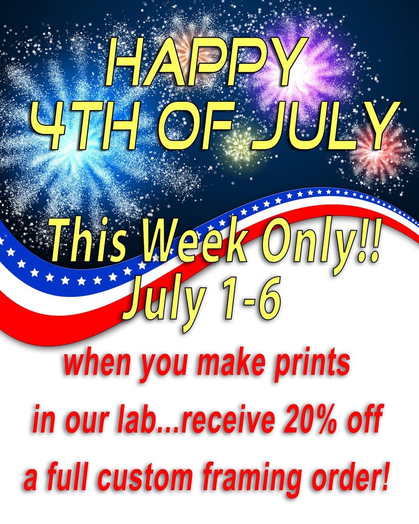 This is the perfect time to come in and print out your photos in our lab! This week ONLY! Receive a 20% discount on full custom prints orders when you print your photos in our lab!
WHAT A DEAL!
.
.
.
#creativephotoanddigitalimaging #4thofjuly #thisweekonly #creativephoto #framework #framing #frameyourphotos #photolab #frameshop #fortmyersflorida #localbusiness #localstore #fortmyers #happyjuly4th #printshop #photography #photogifts #creativeideas #? #prints #photoprints #20percentoff #sale #independenceday
