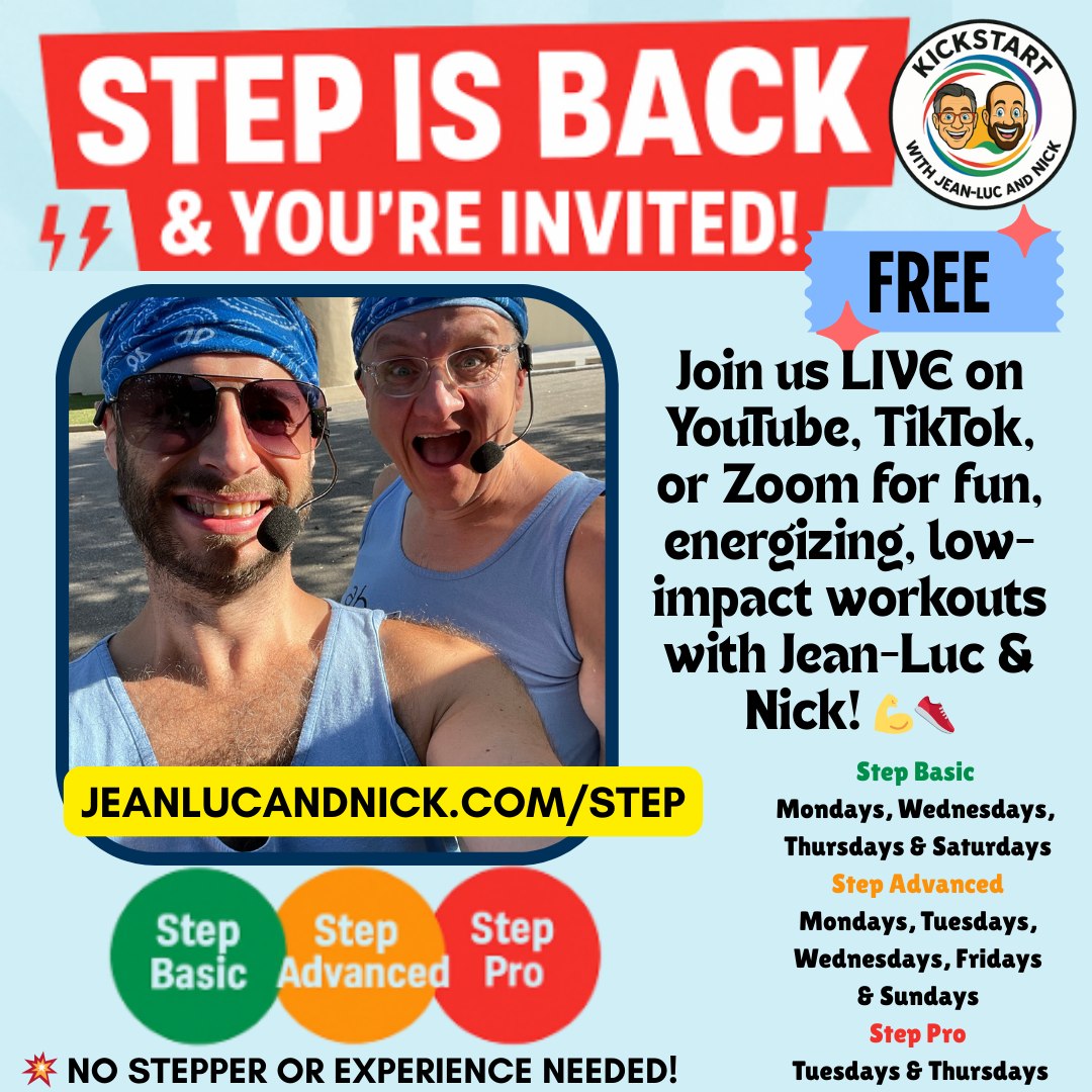 🚨 STEP IS BACK – AND YOU’RE INVITED! 🚨
Join us LIVE on YouTube, TikTok, or Zoom for fun, energizing, low-impact workouts with Jean-Luc & Nick! 💪👟
✅ Register for updates & Zoom links:
👉 jeanlucandnick.com/step
💥 No experience needed! Choose your level:
🟢 Step Basic – Great for beginners!
🟠 Step Advanced – More challenge, still accessible
🔴 Step Pro – Next level cardio 🔥
Let’s step into the season STRONG together! 🏃♀️🎶
#StepWithJLAndNick #FreeWorkout #KickStartFitness #LowImpactHighFun