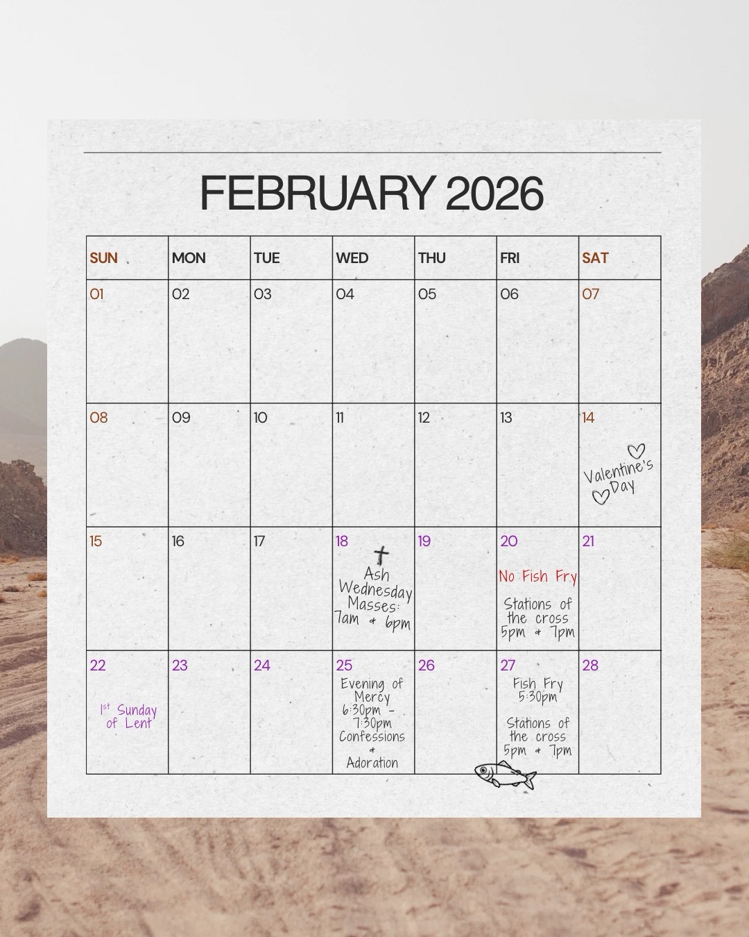 Lent begins this Wednesday! A fresh invitation to return to the Lord with your whole heart. Masses will be celebrated at 7am & 6pm on Ash Wednesday.
Yes, Lent often gets reduced to “giving something up,” but it’s not a spiritual diet. It’s about drawing closer to God through prayer, fasting, and almsgiving.
? Prayer: Make time for God in your day - come to Mass, visit the church for Adoration, or spend a few quiet minutes in silence.
? Fasting: On Ash Wednesday and Good Friday, Catholics are called to fast and abstain. Even outside those days, fasting from food, social media, or other comforts helps us remember our dependence on God.
? Almsgiving: Give your time, attention, or resources to others. Small acts of love open the door to God.
These practices echo the temptations Jesus faced in the desert and help us walk the path he walked.
Join us as a parish this Lent:
Evening of Mercy: Wednesdays 6:30–7:30 PM (
Adoration & Confession)
Daily Mass: Mon–Sat 7:00 AM
Fish Fry: Feb 27, Mar 6, 14, 27 (volunteers welcome!)
Stations of the Cross: Fridays 5 PM & 7 PM
Parish Day of Service: Fri, Mar 6
Lenten Penance Service: Tue, Mar 25, 6:30 PM
Start simple: choose one way to pray, one thing to fast, and one way to give and let the Lord meet you there.