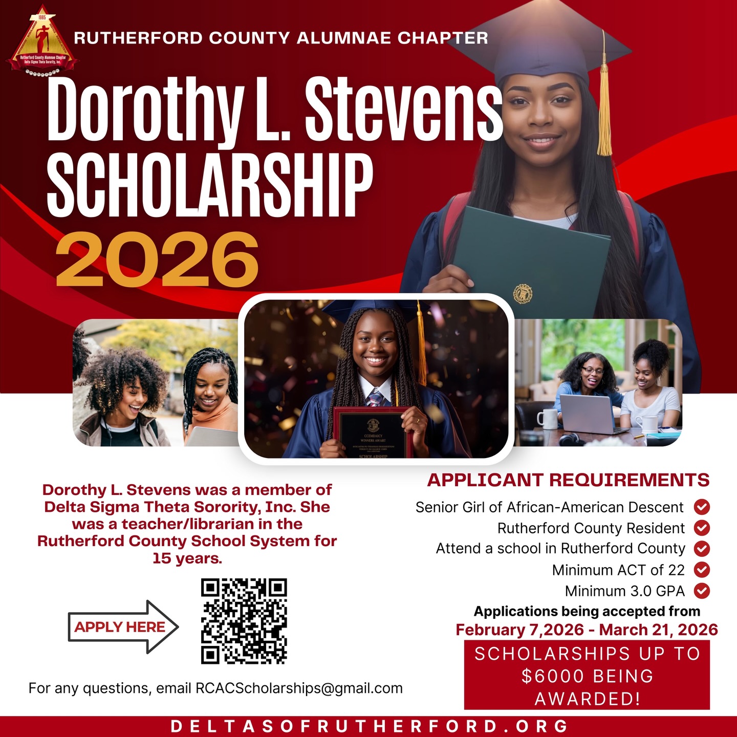 Dorothy L. Stevens, a devoted member of Delta Sigma Theta Sorority, Inc. was a remarkable individual who spent 15 years serving the Rutherford County School System as a teacher and librarian. Her passion for learning and commitment to empowering future generations left a lasting impact on the lives of countless students and colleagues.
In remembrance of her legacy, this scholarship aims to support students pursuing higher education who embody the values of academic excellence, community service, and leadership that Dorothy L. Stevens exemplified throughout her career.