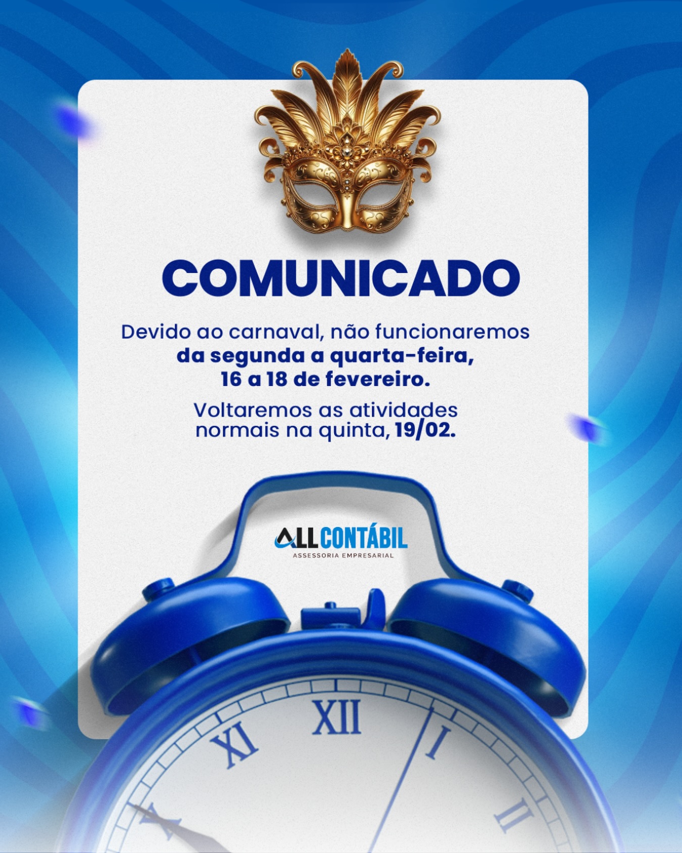 Devido ao carnaval, não funcionaremos da segunda a quarta-feira, 16 a 18 de fevereiro.
Voltaremos as atividades normais na quinta, 19/02.