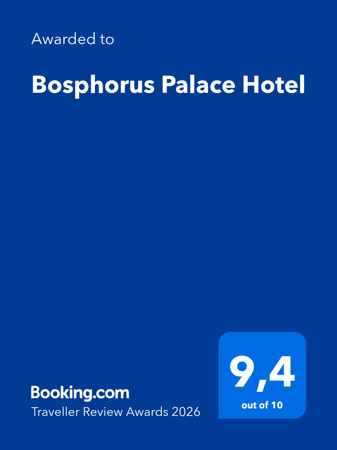 Sizlerin beğenisi, bizim en büyük ödülümüz. Booking.com Traveller Review Awards 2026’da bizi 9,4 puanla onurlandıran tüm misafirlerimize teşekkür ederiz.
Your appreciation is our greatest reward. A heartfelt thank you to all our guests for honoring us with a 9.4 rating at the Booking.com Traveller Review Awards 2026.
#BosphorusPalaceHotel #bosphorus #istanbul #boutiquehotel #relaxation #slowliving #peacefulmoments #TravellerReviewAwards #Booking