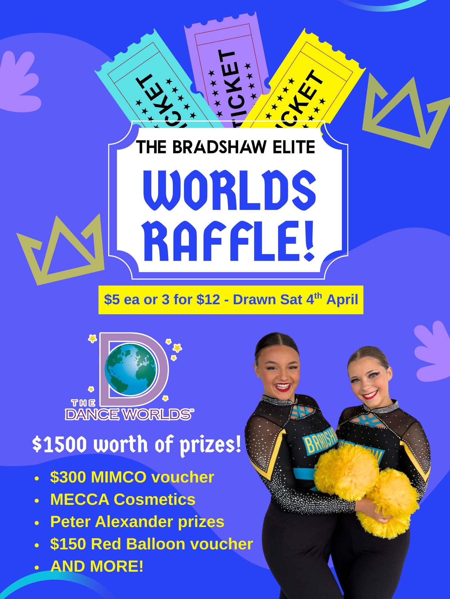 BUY A RAFFLE TICKET! Support our beautiful girls and win amazing prizes! 🔥
Tickets are available at the studio or can be purchased via bank transfer, simply message us to purchase.
This team has dreamt of competing at Worlds since they were tiny and we are SO proud of how hard they are working to make that happen! We would love our community to come together to show them some support as we send them in their way in just 2 short months!
Please share this with your friends and family and let’s help take a little stress out of this massive trip.
Raffle drawn Easter weekend
💛💙
#roadtoworlds #danceworlds2026 #bradshawelite #bradshawfamily