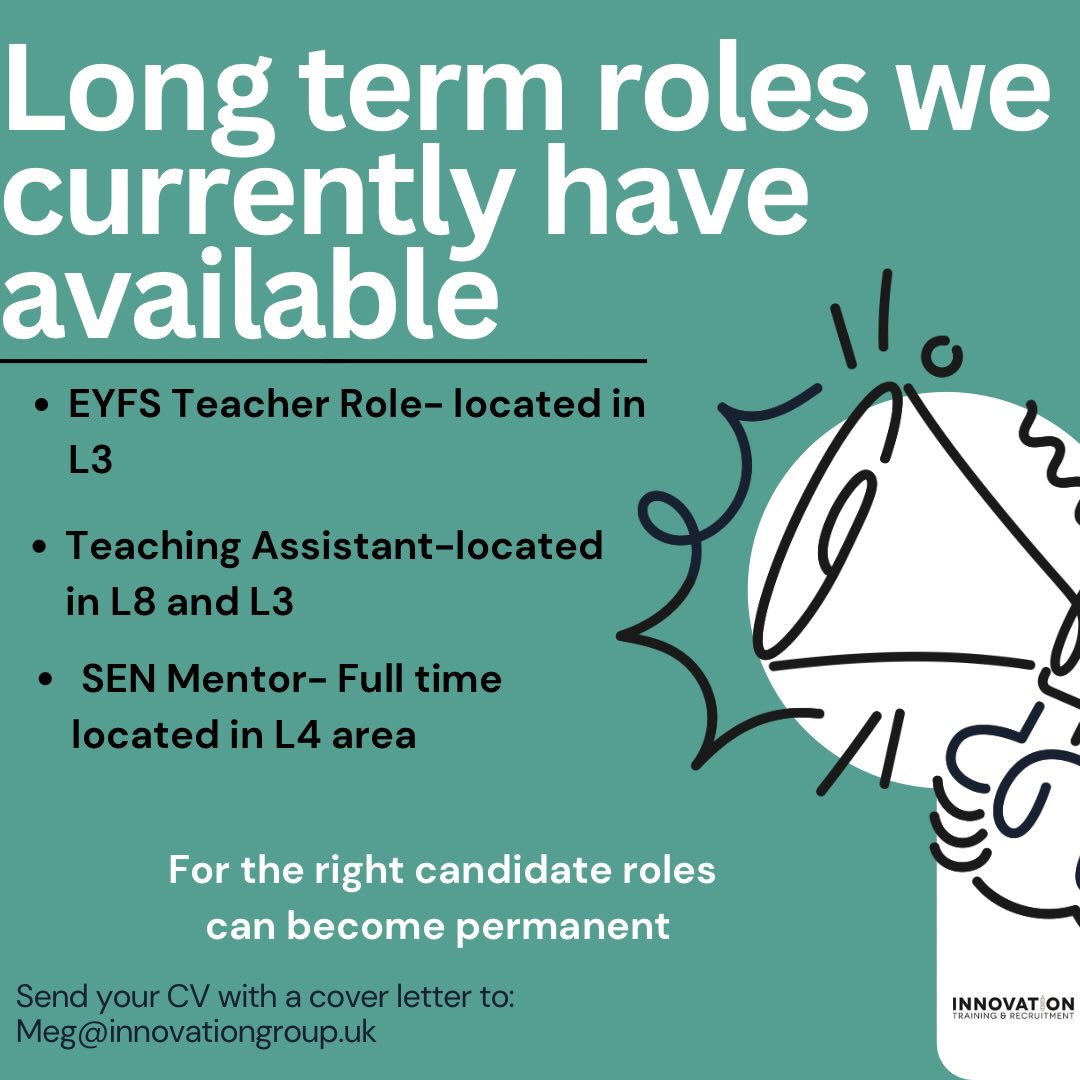 We are delighted to announce we have long term posts available ready to start after February half term โผ๏ธโผ๏ธ
๐SEN support Full Time in L4, L3 & L8
๐Early Years Teacher in L3
For more information please ๐ง or โ๏ธ today a member of the team will be there to help.
#earlyyears #earlyyearsrecruitment