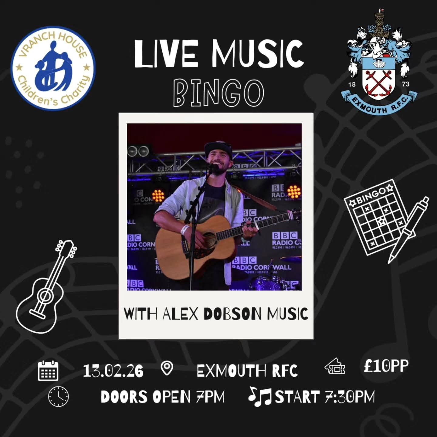 ?✨ Music Bingo – This Friday! ✨?
Our Music Bingo Fundraising Night is happening this Friday 13th February and we’d love to see as many of you there as possible! ?
Get ready for a fun, relaxed evening full of great music, prizes, and community spirit — all while raising vital funds for Vranch House Children’s Charity.
? Bingo… but with a twist!
Instead of numbers, you’ll be crossing off songs as they’re played throughout the night. Think you know your tunes? Make sure you’re listening carefully! ??
We’re thrilled to be joined by the amazing Alex Dobson, who’ll be guiding us through the night with his guitar. ?✨
? Prizes to be won for:
• 1 Line
• 2 Lines
• Full House
(Plus 2 games to play!)
There’ll also be a raffle and plenty of chances to win — all in support of the children and young people who rely on Vranch House’s specialist services.
? Friday 13th February 2026
⏰ 7:00pm–9:30pm (Doors open 7pm, eyes down 7:30pm)
? Exmouth Rugby Club
? £10 per person
?️ Book here: Music Bingo with Alex Dobson
Every ticket and donation helps support the vital work we do for children and young people aged 0–19.
Let’s make it a fantastic evening together — we can’t wait to see you there! ??
#VranchHouse #MusicBingo #Fundraiser #ExmouthEvents #SupportLocal CharityEvent