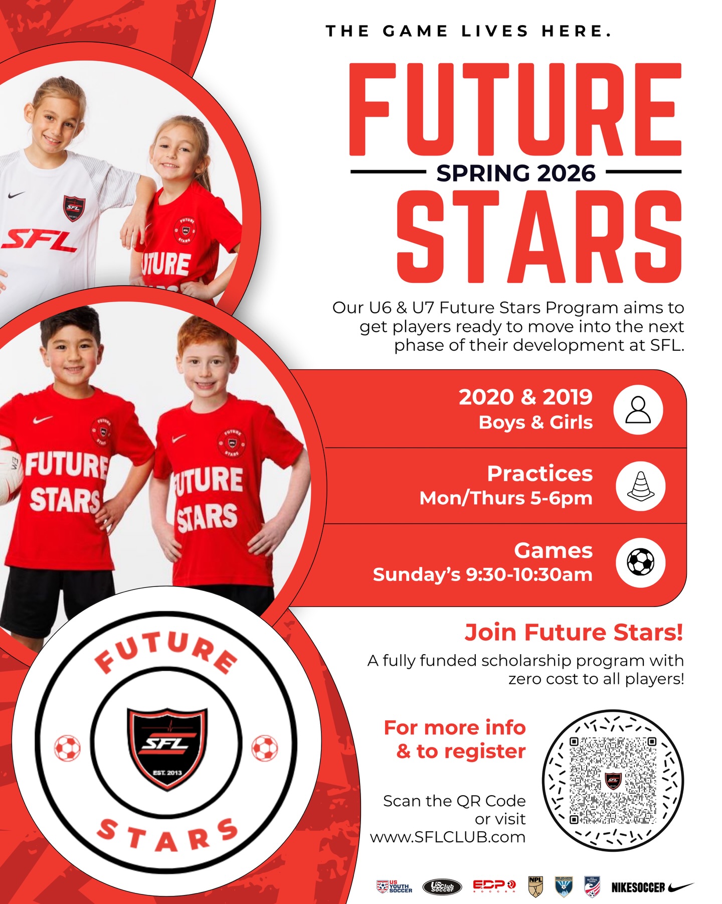 ⚫️? SFL Future Stars Program ?⚫️
Free U6 & U7 Program ⭐️⚽️?
Introducing our SFL Future Stars Program, designed for our youngest players to take their first steps in the game in a fun, positive, and development-focused environment.
? U6 & U7 Players (2019 & 2020 birth years)
This program focuses on:
* Building confidence on the ball
* Developing fundamental skills
* Creating a love for the game
And most importantly…
? It is completely FREE for all players. ?
No cost. Just an opportunity to play, learn, and enjoy the game.
A perfect starting point for young players beginning their soccer journey with SFL.
? Learn more / get involved:
www.sflclub.com/future-stars
The Game Lives Here.
#sfl #soccerforlife #sflclub #thegameliveshere #youthsoccer