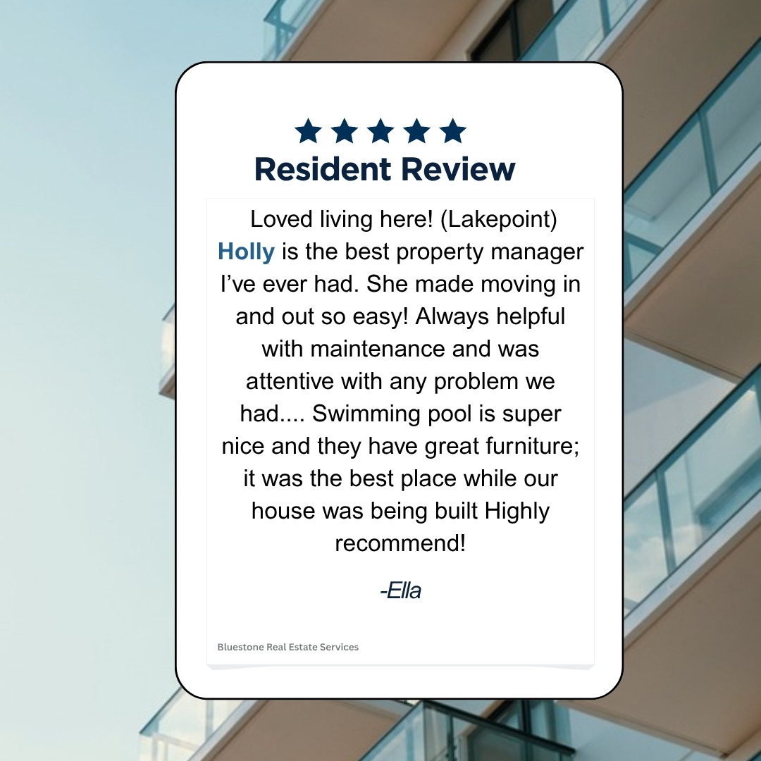 Thank you so much for the kind words and for sharing your experience at Lakepoint!
This is exactly what we strive for—making every step of your stay, from move-in to move-out, as smooth and stress-free as possible. Holly truly embodies that standard, and we’re so glad she was able to support you every step of the way.
We’re thrilled you enjoyed the community, from the maintenance support to the pool and amenities, and that Lakepoint could be a great home for you while your new house was being built.
We appreciate the recommendation and wish you all the best in your new home!
#LakepointLiving #PropertyManagement #HappyResidents #ResidentExperience #CustomerCare #PropertyManagerLife #PNWLiving #VancouverWA #ApartmentLiving #HomeSweetHome #CommunityLiving #5StarService #WeLoveOurResidents #MaintenanceMatters #StressFreeLiving