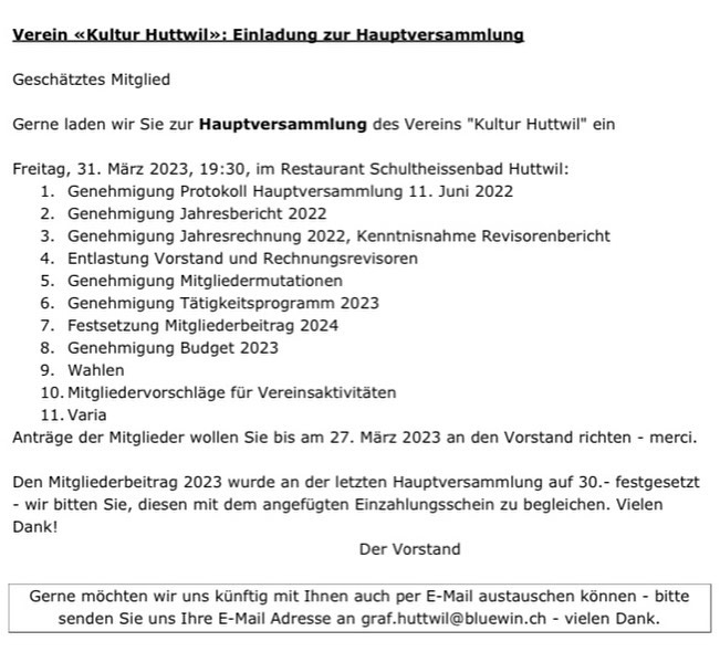 Heute Abend treffen wir uns um 19:30 Uhr an der Hauptversammlung im Schultheissenbad. Wir freuen uns auf euch!!!
#huttwilnatürlichmittendrin #myoberaaragau