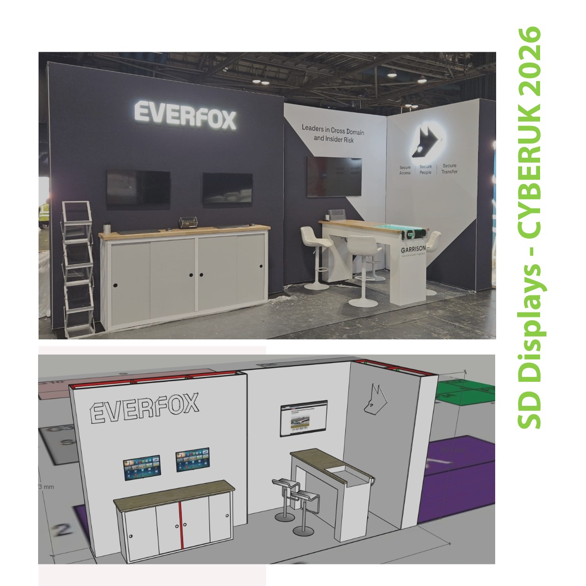 Our free design service allowed our client Everfox to visualise how their exhibition stand would look in their event space at CYBERUK.
#exhibitionstand #exhibitionstanddesign