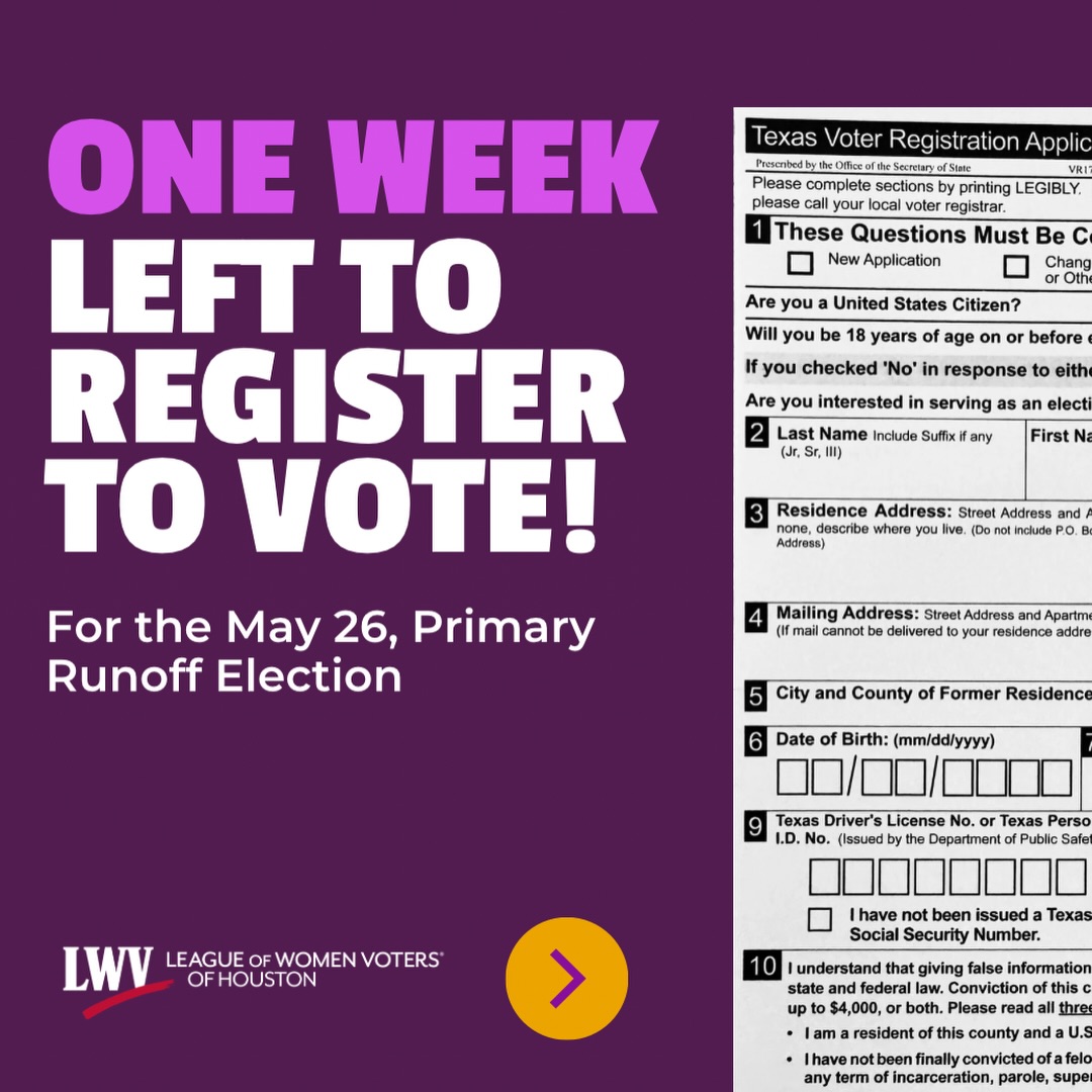 ⏰ One week left to register to vote for the May 26 Primary Runoff Election!
➡️ Last day to register to vote is April 26
Before you head to the polls, make sure you’re prepared. Know your eligibility, bring a valid photo ID, and check what’s on your ballot at Vote411.org
? Save this post and share it with someone who needs to register!
#LWVHouston #VoteTexas #PrimaryRunoff #May26 #VoterRegistration Houston KnowBeforeYouVote