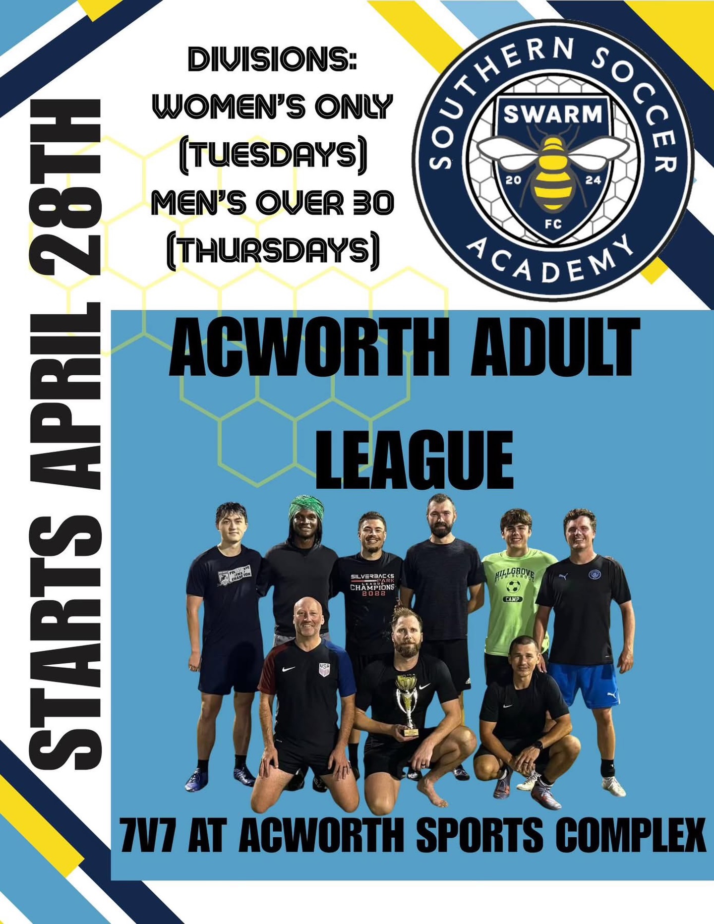 New Adult Soccer League In Acworth, GA – Registration Now Open! ⚽️ ?
Looking for a fun way to stay active and get back on the field? We’re launching a new adult soccer league at Acworth Sports Complex and registration is now open! Games start 4/28 and 4/30.
We’re offering two divisions:
? Women’s Division – Tuesday Nights
? Men’s Over 30 Division – Thursday Nights
Games will be played on grass fields in the evenings (6pm, 7pm, or 8pm), creating a great environment for players of all experience levels. Whether you played competitively, recreationally, or just want to get out and enjoy the game, this league is for you.
⚽ Great exercise
⚽ Competitive but fun atmosphere
⚽ A great way to connect with others through soccer
Grab some friends and form a team (does not have to be a full team), or sign up as an individual, and we’ll help place you on one!
Any questions or information on how to form a team, please contact Hagan Robinson (hagan@ssaelite.com/404-374-7071)
? Register today before registration closes!
https://www.ssaswarm.com/adult-rec
(Acworth Parks, Recreation and Community Resource Departmentt)