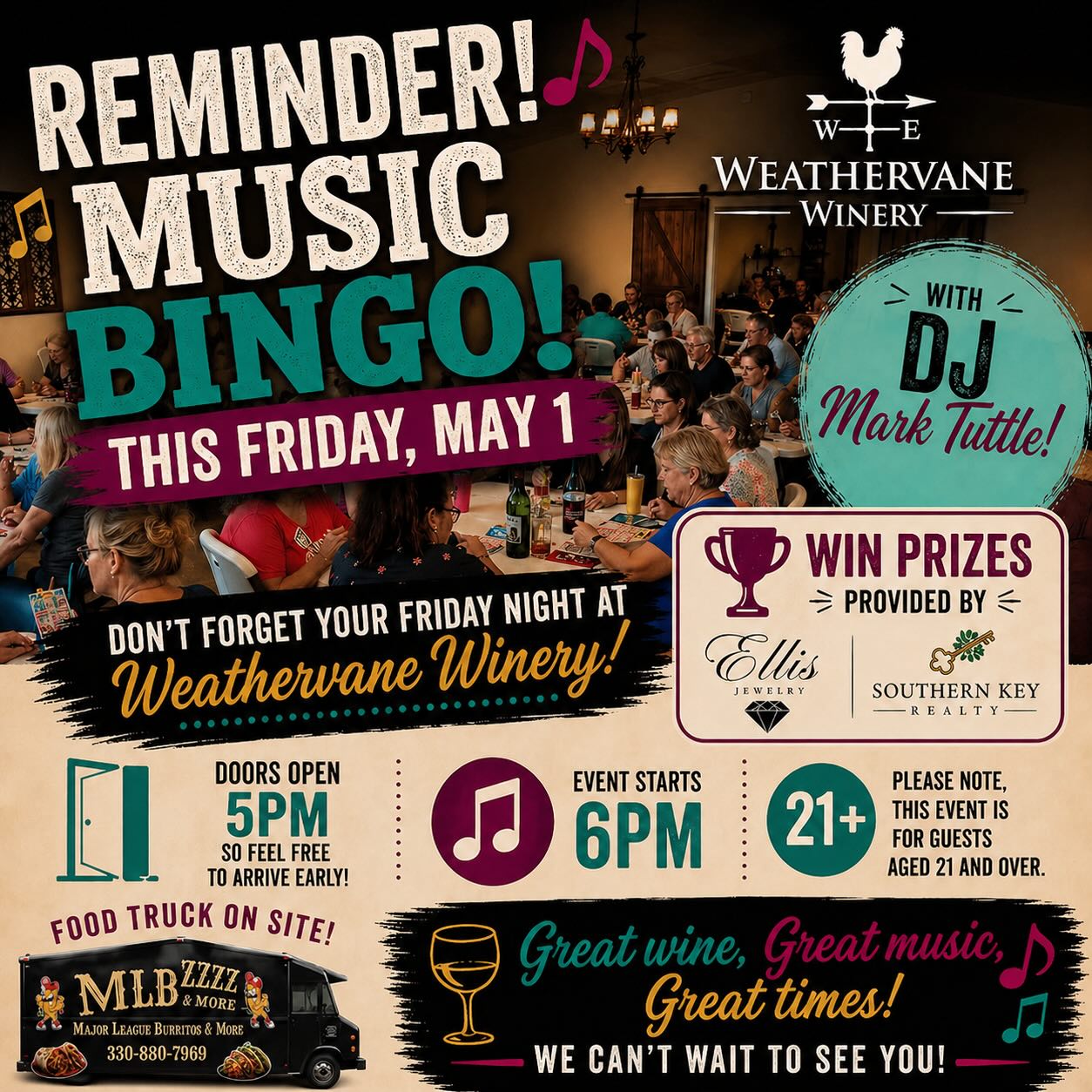 ? REMINDER! ? Music Bingo is THIS Friday! ??
Don’t make plans… this is your sign ?
Grab your friends and head to Weathervane Winery for a night of music, wine, and FUN!
? Music Bingo with DJ Mark Tuttle
? Friday, May 1
? Doors open at 5PM
? Game starts at 6PM
? Award-winning wines (without the attitude ?)
? Food truck on site
? Prizes up for grabs
? All your favorite songs
Come early, grab a drink, and get ready to sing along, laugh a lot, and maybe even take home a win!
Tag your bingo crew + let us know you’re coming ?
#WeathervaneWinery #MusicBingo #FridayNightFun #LexingtonNC #ThingsToDoNC
