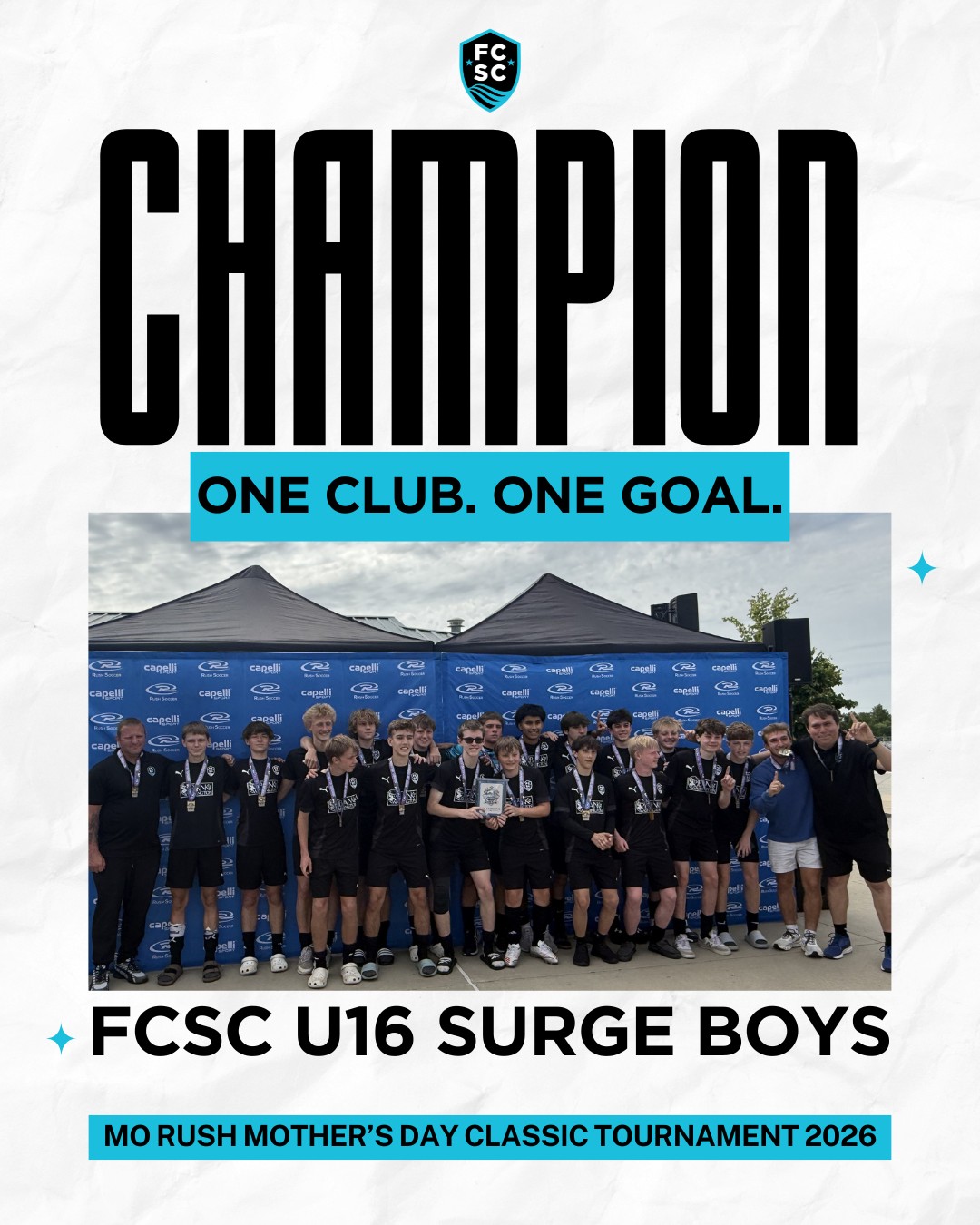 HISTORY MADE. ?⚽
The FCSC U16 Surge Boys just secured the first tournament championship in club history! ?
In only our first year of competitive soccer, the Surge went undefeated (2-0-1) to take 1st Place at the MO Rush Mother’s Day Classic 2026. This victory proves that our County is overflowing with talent. You don't need to drive to St. Louis for elite training—we have the tools, the coaches, and the heart right here at home.
Shoutouts:
? Coaches Alex Moraes, Jason Schmelz, & Boston Tinsley
? Rapids guests: Leighton Denbow, Ray Frankenberg IV, Jonathan Burnett, & Aiden Laure
? The entire Surge roster for their grit and teamwork!
? Read the full story & see the roster at the link in our bio!
⚽️ JOIN THE LEGACY: 2026-27 Tryout registration is OPEN. Link in bio.
#FCSC #SurgeSoccer #Champions #YouthSoccer #OneClubOneGoal #SoccerTryouts