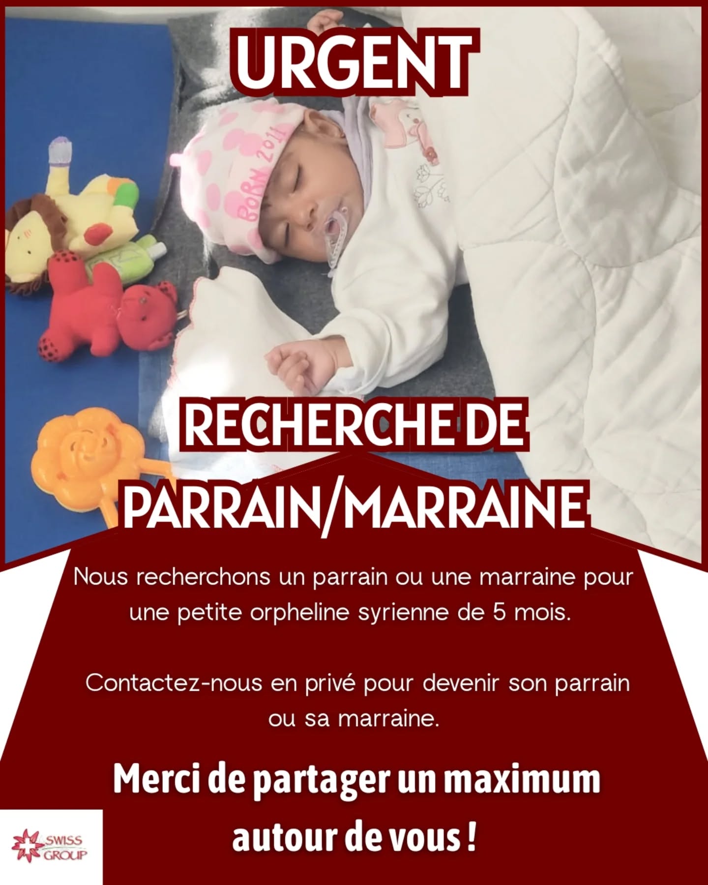 ? URGENT — Nous recherchons un parrain ou une marraine pour une petite orpheline syrienne de 5 mois. ?
Ce bébé a été retrouvé abandonné dans les ordures, seule et sans protection.
Nous avons décidé de la prendre en charge au sein de Swiss-Group afin de lui offrir un avenir sécurisé.
Aujourd’hui, elle a besoin d’une personne au grand cœur pour l’aider à grandir avec :
? nourriture et lait
? soins et vêtements
? protection et sécurité
? Contactez-nous en privé pour devenir son parrain ou sa marraine.
? Merci de partager un maximum autour de vous.
#Syrie #ONG #Charity #Parrainage #SwissGroup
? URGENT — We are looking for a sponsor for a 5-month-old Syrian orphan baby girl. This baby was found abandoned in the trash, alone and without protection.
We decided to take her into the care of Swiss-Group to offer her a safe future.
Today, she needs a kind-hearted person to help her grow with:
? food and milk
? care and clothing
? protection and safety
? Contact us privately to become her sponsor.
? Please share this message as much as possible around you.
#Syrie #ONG #Charity #Parrainage #SwissGroup
? DRINGEND — Wir suchen einen Paten oder eine Patin für ein 5 Monate altes syrisches Waisenmädchen. Dieses Baby wurde verlassen im Müll gefunden, allein und ohne Schutz.
Wir haben beschlossen, sie bei Swiss-Group aufzunehmen, um ihr eine sichere Zukunft zu ermöglichen.
Heute braucht sie einen Menschen mit großem Herzen, der ihr hilft mit:
? Nahrung und Milch
? Pflege und Kleidung
? Schutz und Sicherheit
? Kontaktieren Sie uns privat, um ihr Pate oder ihre Patin zu werden.
? Bitte teilen Sie diese Nachricht so viel wie möglich.
#Syrie #ONG #Charity #Parrainage #SwissGroup