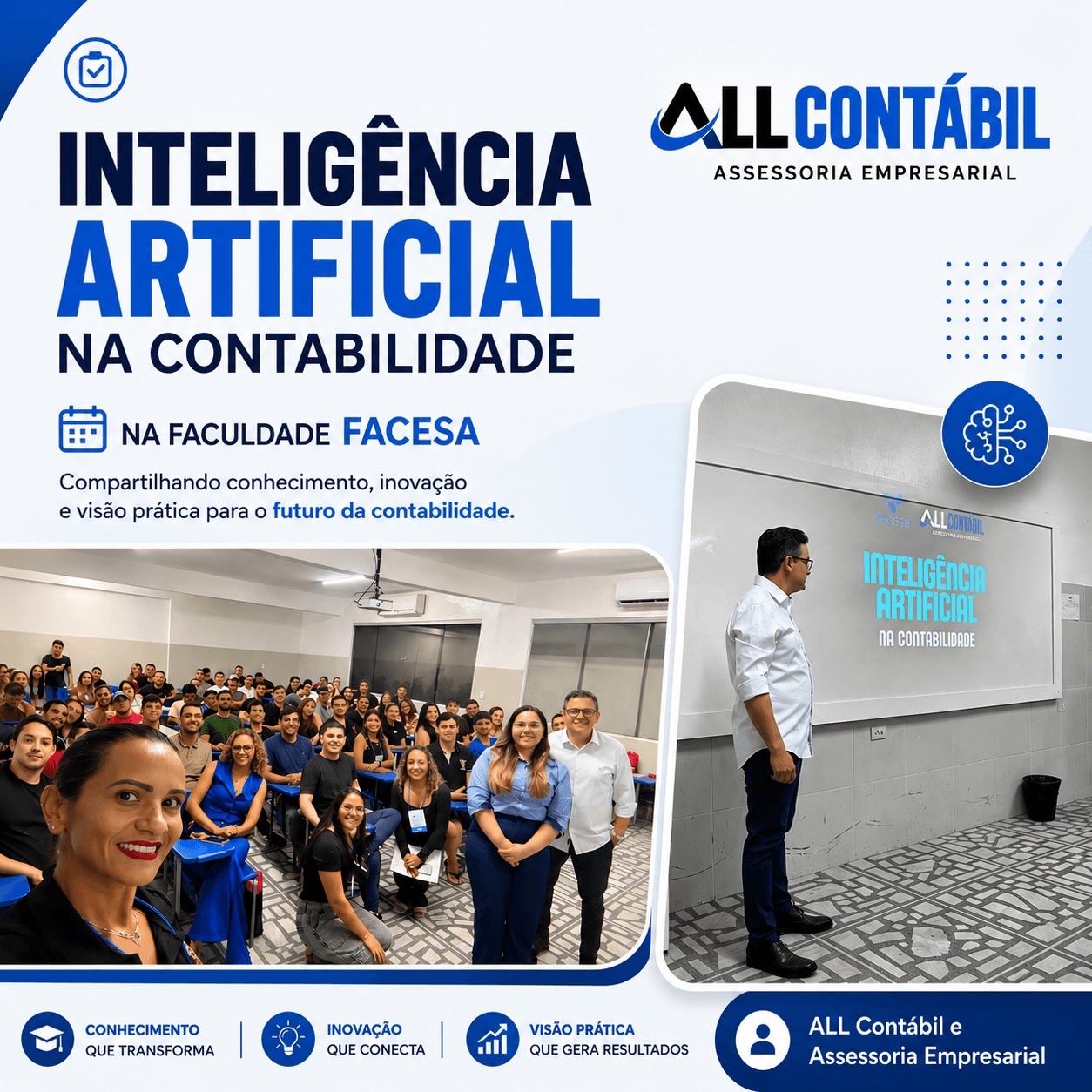 Ontem tivemos a oportunidade de ministrar um minicurso na FACESA sobre o impacto da Inteligência Artificial na contabilidade e como a tecnologia está transformando a rotina dos escritórios contábeis.
Abordamos temas como automação de processos, conciliação bancária inteligente, atendimento com IA, análise de dados e o novo papel estratégico do contador na era digital.
Mais do que acompanhar tendências, acreditamos que a contabilidade precisa evoluir junto com a tecnologia, entregando mais agilidade, inteligência e valor para os clientes.
A ALL Contábil e Assessoria Empresarial segue investindo em inovação, conhecimento e soluções digitais para transformar a gestão empresarial através da contabilidade consultiva.
#IA #Contabilidade #InteligenciaArtificial #ContabilidadeConsultiva