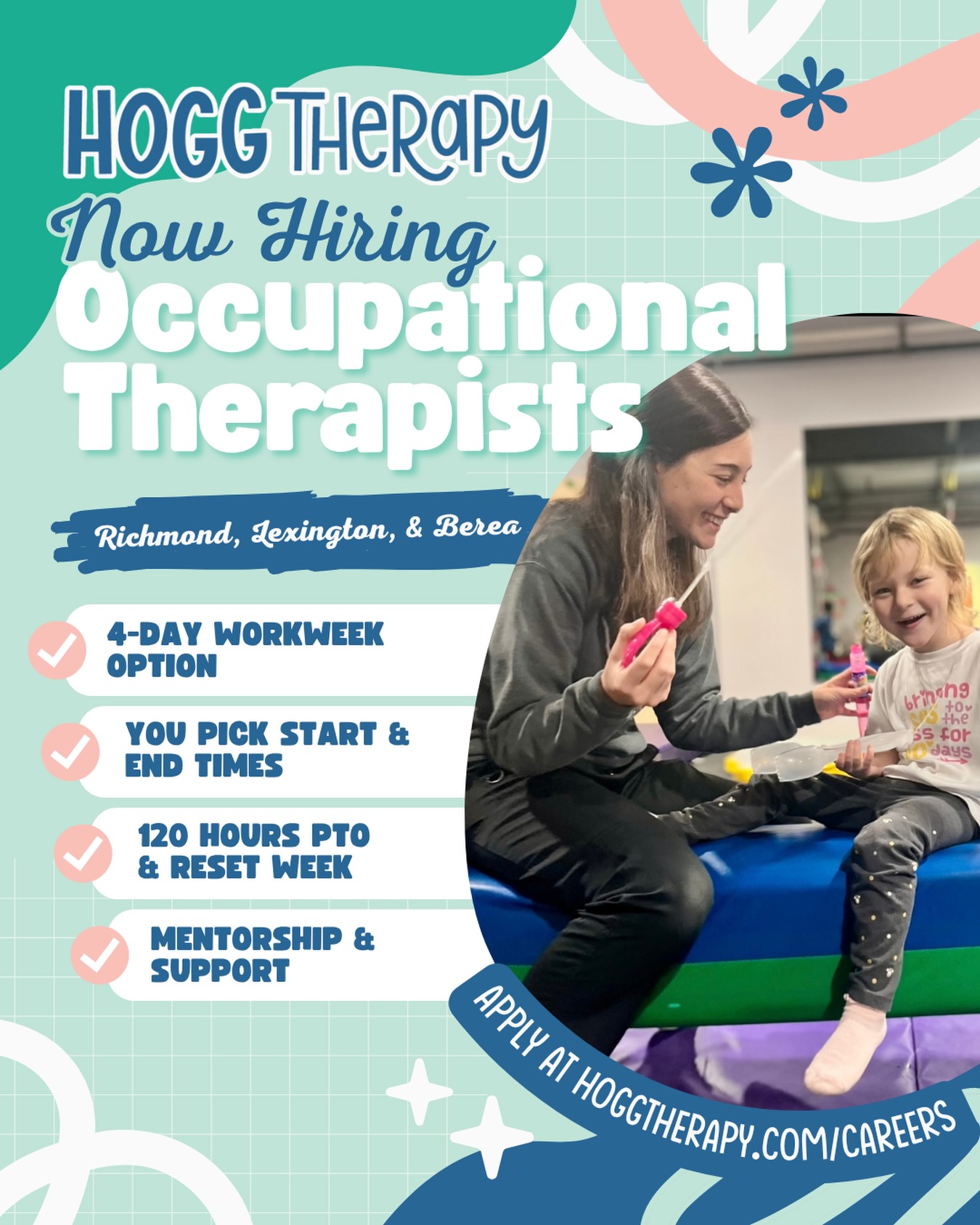 ? Pediatric OTs: We’re Hiring in Richmond, Berea, & Lexington, KY!
Hogg Therapy Pediatrics is growing and looking for Occupational Therapists to join our team!
? Play-based, child-led therapy
? Flexible schedules + multiple pay options
? Supportive, values-driven team
? Great fit for new grads and experienced clinicians
? Our mission: Empowering Children to Conquer Their World.
Ready to make a difference while growing your career? Apply today at HoggTherapy.com/Careers ??? #nowhiring #occupationaltherapy #occupationaltherapist