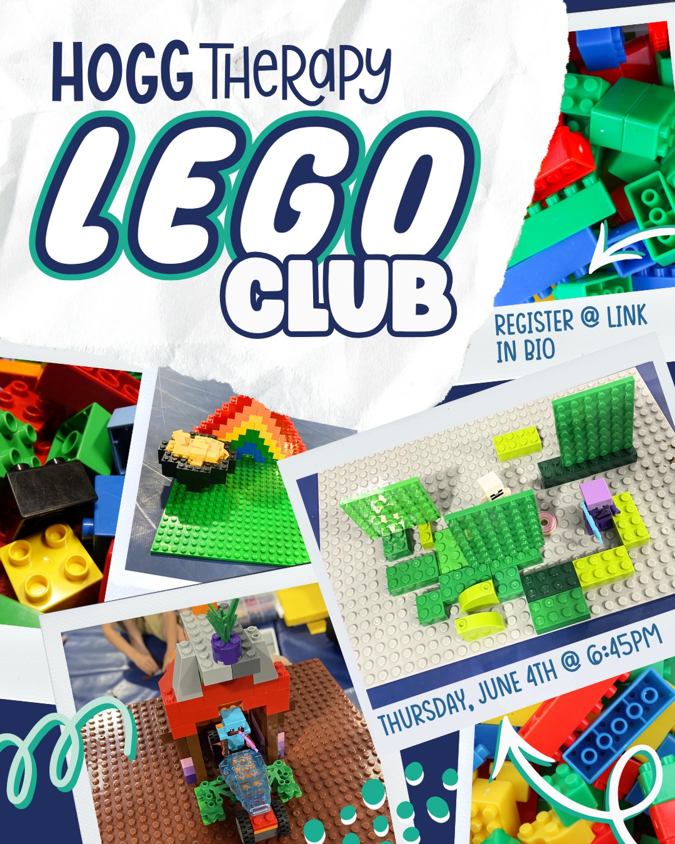 Our monthly LEGO Club meets Thursday, June 4th at the Richmond Clinic at 6:45pm! ?We’re building friendships, strengthening collaboration, and building fine motor skills together in a fun, laid back environment! ? ? Sign up for LEGO Club at the link in our bio or in our Linktree! #hoggtherapypediatrics