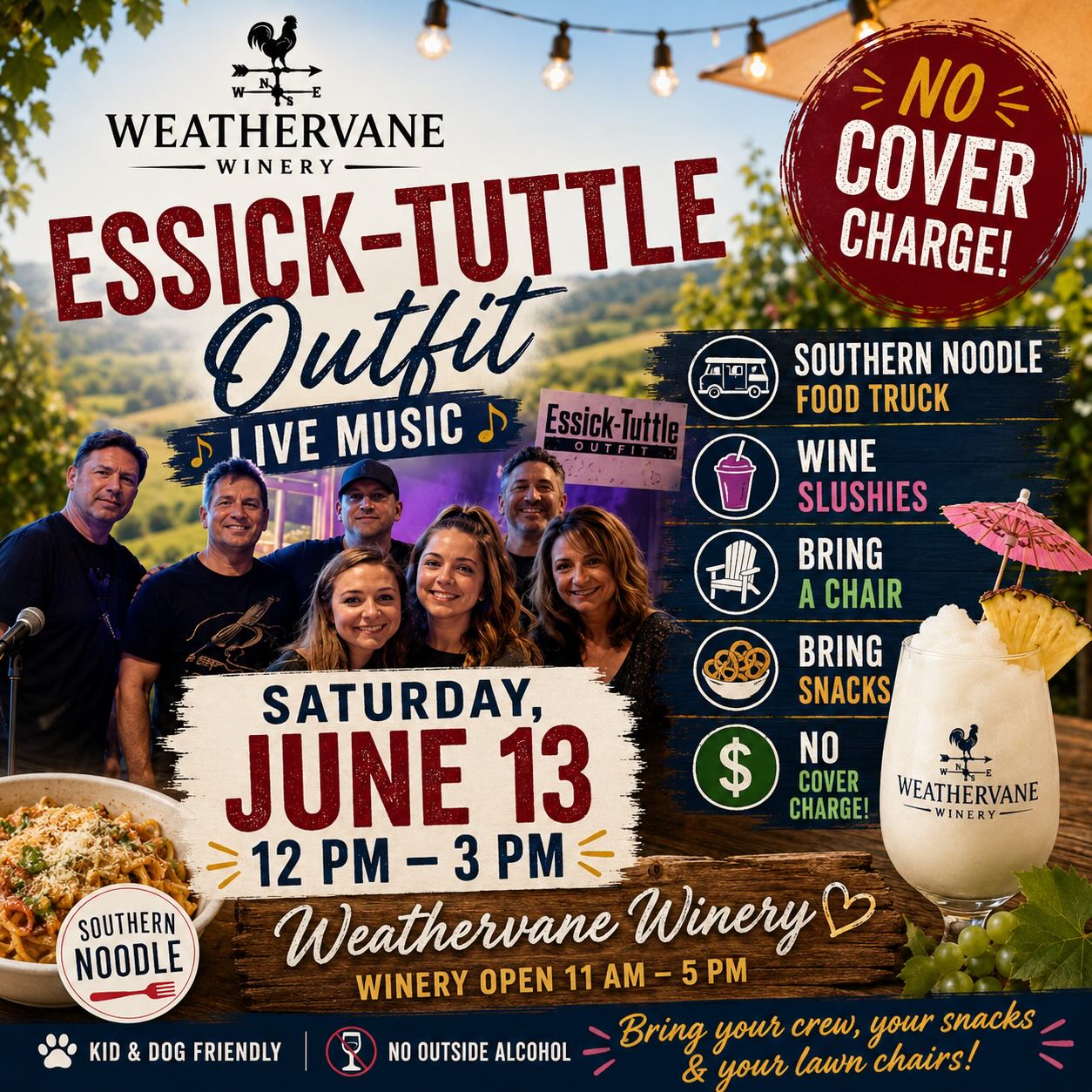 ? Saturday Plans = Solved! ?☀️
Join us tomorrow, Saturday, June 13, from 12:00 PM–3:00 PM for live music with the Essick-Tuttle Outfit at Weathervane Winery!
? Southern Noodle Food Truck
? Wine Slushies Available
? Live Music
? Bring a lawn chair
? Pack your favorite snacks
? No Cover Charge
Grab your friends, find a spot in the sunshine, and enjoy an afternoon of great music, delicious food, and award-winning wine.
Please remember: No outside alcohol permitted.
We can’t wait to see you at the winery! ?
? Kid & Dog Friendly
⏰ Winery Open 11 AM–5 PM