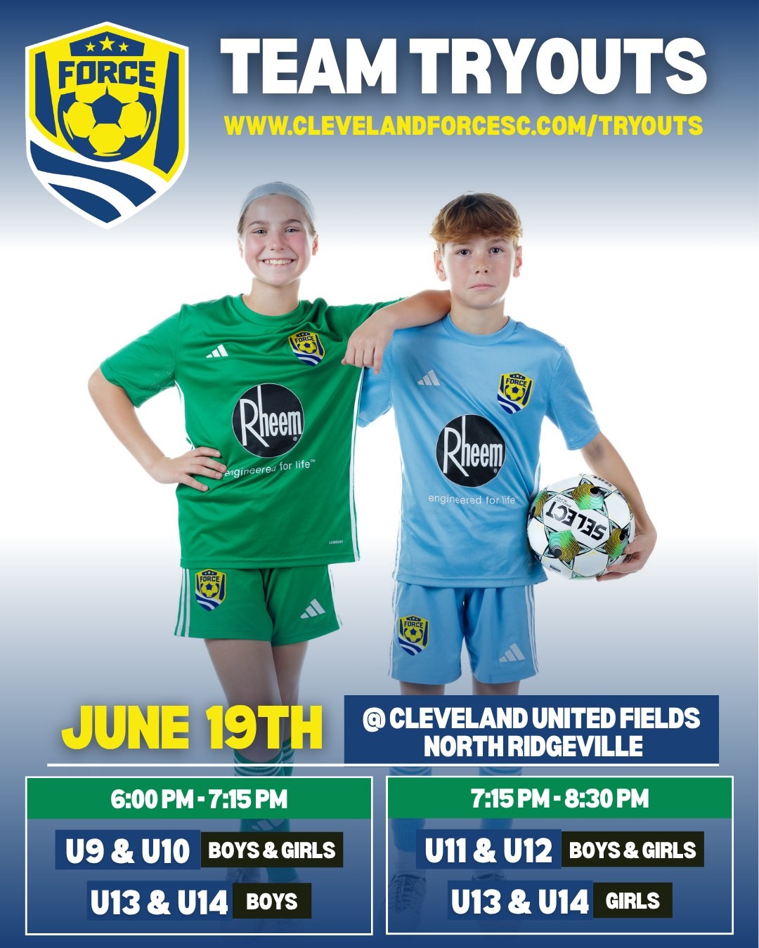 ? CLEVELAND FORCE SC TRYOUTS ?
Still looking for the right club for the 2026-27 season?
Join us on June 19 at Cleveland United Fields in North Ridgeville and see what makes Cleveland Force SC one of the region's leading player development environments.
? Friday, June 19
? Cleveland United Fields | North Ridgeville
β° 6:00β7:15 PM
U9-U10 Boys & Girls
U13-U14 Boys
β° 7:15β8:30 PM
U11-U12 Boys & Girls
U13-U14 Girls
Take the next step in your development and earn your place with Cleveland Force SC.
Register Today:
ClevelandForceSC.com/tryouts
#CHIRP #ClevelandForceSC