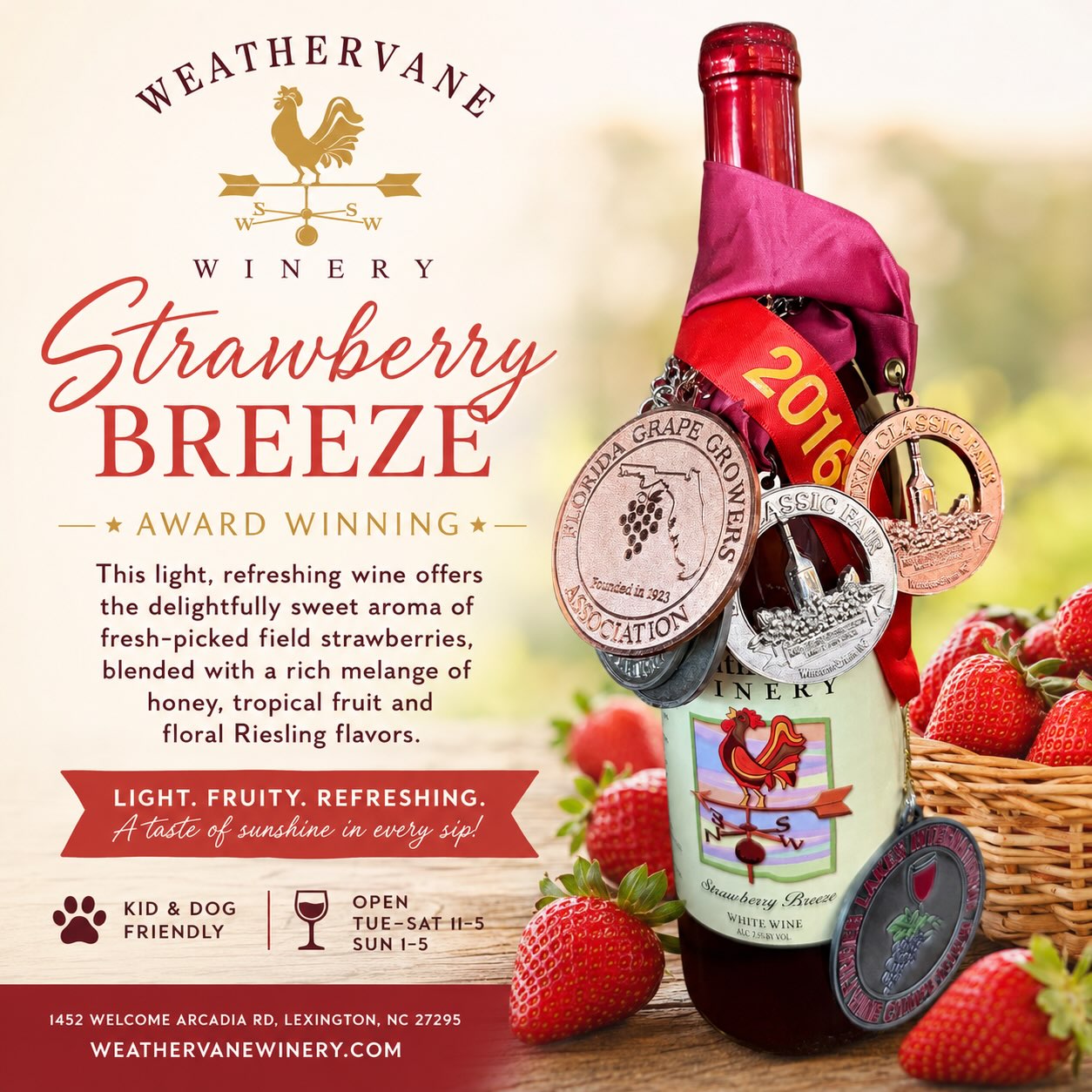 ? Meet Strawberry Breeze — An Award-Winning Favorite! ??
Sweet, refreshing, and made for summer sipping.
Bursting with the aroma of fresh-picked field strawberries, Strawberry Breeze blends luscious notes of honey, tropical fruit, and delicate Riesling florals into a smooth, refreshing wine you’ll want to enjoy all season long.
Whether you’re relaxing on the patio, sharing a bottle with friends, or discovering your new favorite sweet wine, Strawberry Breeze delivers a taste that’s as bright as the season.
✨ Award-Winning
? Fresh Strawberry Flavor
? Honey • Tropical Fruit • Floral Riesling Notes
Stop by Weathervane Winery and see why this customer favorite continues to earn awards—and rave reviews.
?1452 Welcome Arcadia Rd., Lexington, NC 27295
? Open Tuesday–Saturday: 11 AM–5 PM
? Sunday: 1 PM–5 PM
Come taste the award-winning difference! ?
