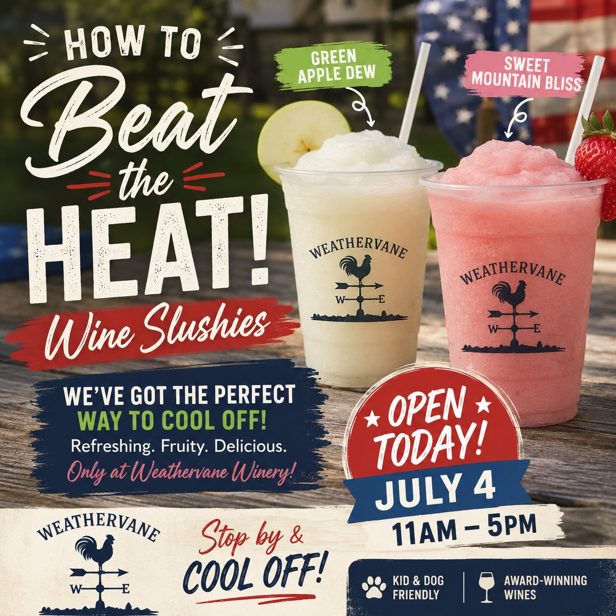 ☀️ Hot enough for you? We’ve got the perfect way to cool off! ?❄️
Beat the heat this July 4th with one of our refreshing wine slushies at Weathervane Winery!
? Green Apple Dew (our signature white slushie)
? Sweet Mountain Bliss
Whether you’re stocking up for your cookout or just looking for a cool place to relax, we’ve got you covered.
?? Open Today | Saturday, July 4
? 11:00 AM – 5:00 PM
Stop by, cool off, and raise a glass to Independence Day. We can’t wait to celebrate with you!
?1452 Welcome Arcadia Rd, Lexington, NC
? Award-winning wines • Wine tastings • Family-friendly atmosphere