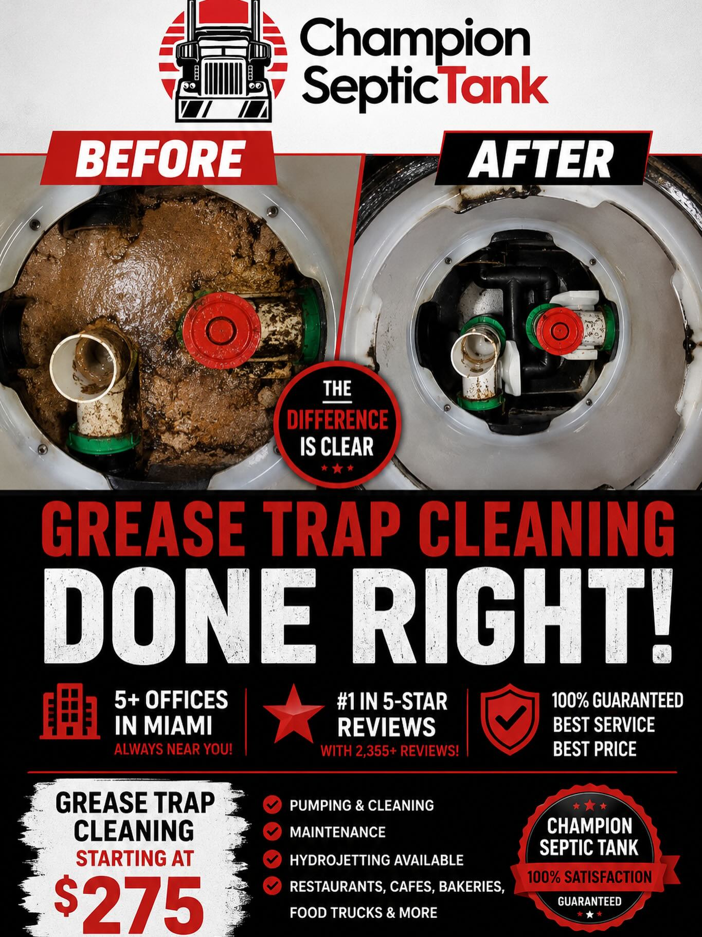 ? BEFORE ➡️ AFTER ?
La diferencia habla por sí sola. Una trampa de grasa sin mantenimiento puede provocar malos olores, obstrucciones, cierres temporales del negocio y costosas multas. Con el mantenimiento adecuado, tu sistema trabaja de forma eficiente y cumple con las regulaciones.
En Champion Septic Tank somos la empresa #1 en reseñas de 5 estrellas, con más de 2,355 reviews de clientes satisfechos. Contamos con más de cinco oficinas estratégicamente ubicadas en Miami para ofrecer una respuesta rápida y el mejor servicio.
✅ Grease Trap Cleaning & Pumping
✅ Mantenimiento Preventivo
✅ Hydro Jetting Disponible
✅ Servicio Comercial para Restaurantes, Cafeterías, Bakeries, Food Trucks y Cocinas Comerciales
✅ Servicio de Emergencia 24/7
? Limpieza de trampa de grasa desde solo $275.
? Llámanos hoy y descubre por qué miles de clientes confían en Champion Septic Tank. Garantizamos el mejor servicio al mejor precio.
#ChampionSepticTank #GreaseTrapCleaning #GreaseTrapService #GreaseTrapMaintenance