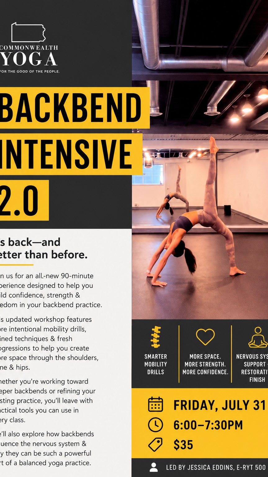 โจ Backbend Intensive 2.0 is BACKโฆand better than before! โจ
Join me for an all-new 90-minute workshop featuring smarter mobility drills, refined techniques, and fresh progressions to help you build strength, confidence, and more freedom in your backbend practice.
Whether youโre just getting started or looking to take your practice to the next level, this workshop is designed to meet you where you are.
?๏ธ Friday, July 31
โฐ 6:00โ7:30 PM
? $35
Reserve your spot in the studio, online, or through the Kenko app under Events & Courses.
I canโt wait to practice with you! ?
#commonwealthyoga #backbendintensive #yogaworkshop #backbendpractice #forthegoodofthepeople