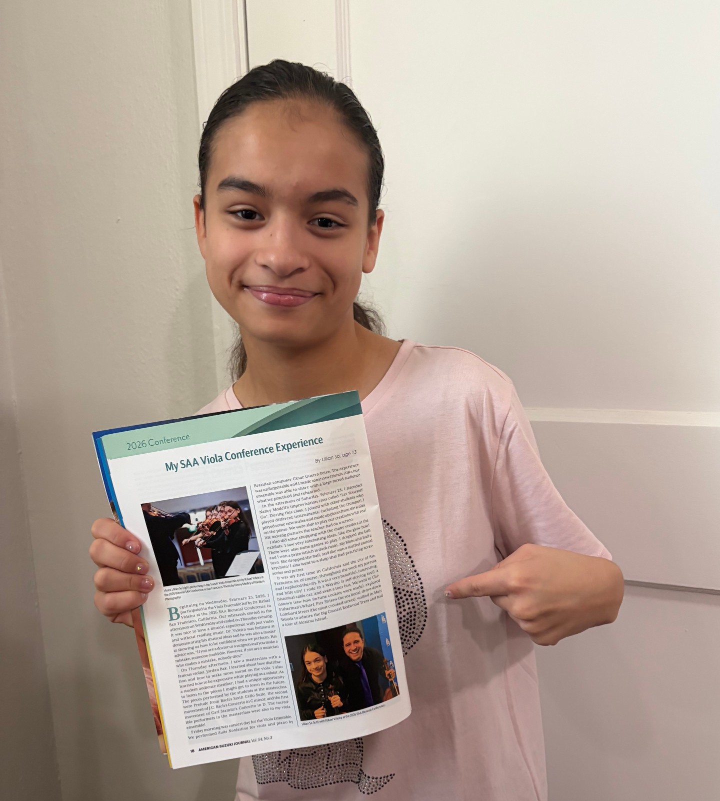 We're excited to share that our viola student, Lillian, has been published in the latest Suzuki Journal!
After attending the Suzuki Association of America's Conference in February as a member of the viola ensemble, Lillian reflected on her inspiring experience in an article that was selected for publication in the SAA journal. We couldn't be more proud of this wonderful student and are thrilled to see her voice shared with the broader Suzuki community!
Thank you to the Suzuki Association of America for continually providing exceptional opportunities and fostering a community where Suzuki students can learn, grow, and share their experiences!