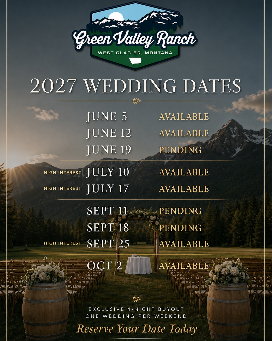 Three more 2027 wedding dates are gone the past week! ?
Our remaining weekends are disappearing quickly.
✨ Now Available:
• June 5
• June 12
• July 10 (High Interest)
• July 17 (High Interest)
• September 25 (High Interest)
• October 2
? Exclusive 4-night buyout
? One wedding per weekend
? West Glacier, Montana
Don't wait—once these dates are gone, they're gone.
? Call or Text: 406-290-9616
? greenvalleyranchmontana.com