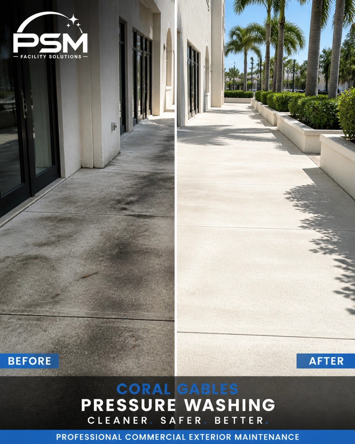 First impressions start at the entrance. Check out this dramatic before-and-after of stained concrete walkways in Coral Gables restored to a pristine finish by our expert exterior maintenance team. Elevate your property's curb appeal and asset value with reliable pressure washing solutions. Professional Solutions. Real Results. Contact us today at 888-816-4220 or visit www.psmsmartbiz.com. @cpgroup @streamrealtypartners @cushwake #PressureWashing #CurbAppeal #CommercialRealEstate #CoralGables