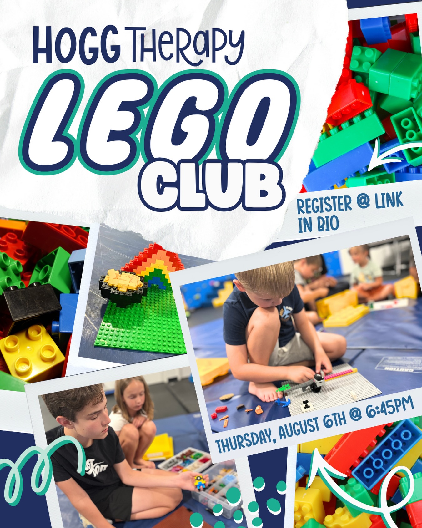 Our LEGO Club meets Thursday, August 6th at the Richmond Clinic at 6:45pm! ? It’s a great opportunity for kiddos to practice collaboration and build fine motor skills while having FUN! ? Register for LEGO Club at the link in our bio or in our Linktree! #hoggtherapypediatrics