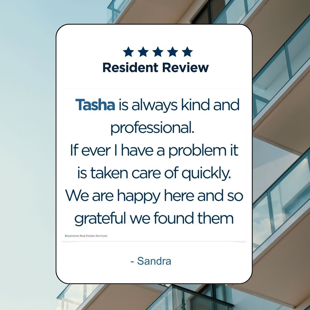 Shoutout to our Salem team's own Tasha Burlson. Reviews like this are exactly why we do what we do. Tasha brings kindness, professionalism, and a get-it-done attitude to every resident interaction — and it shows.
Thank you, Sandra, for taking the time to share your experience. We're so glad you're home.
#ResidentReview #BluestoneRealEstate #PropertyManagement #SalemOR #HappyResidents #TeamBluestone #PropertyManager
