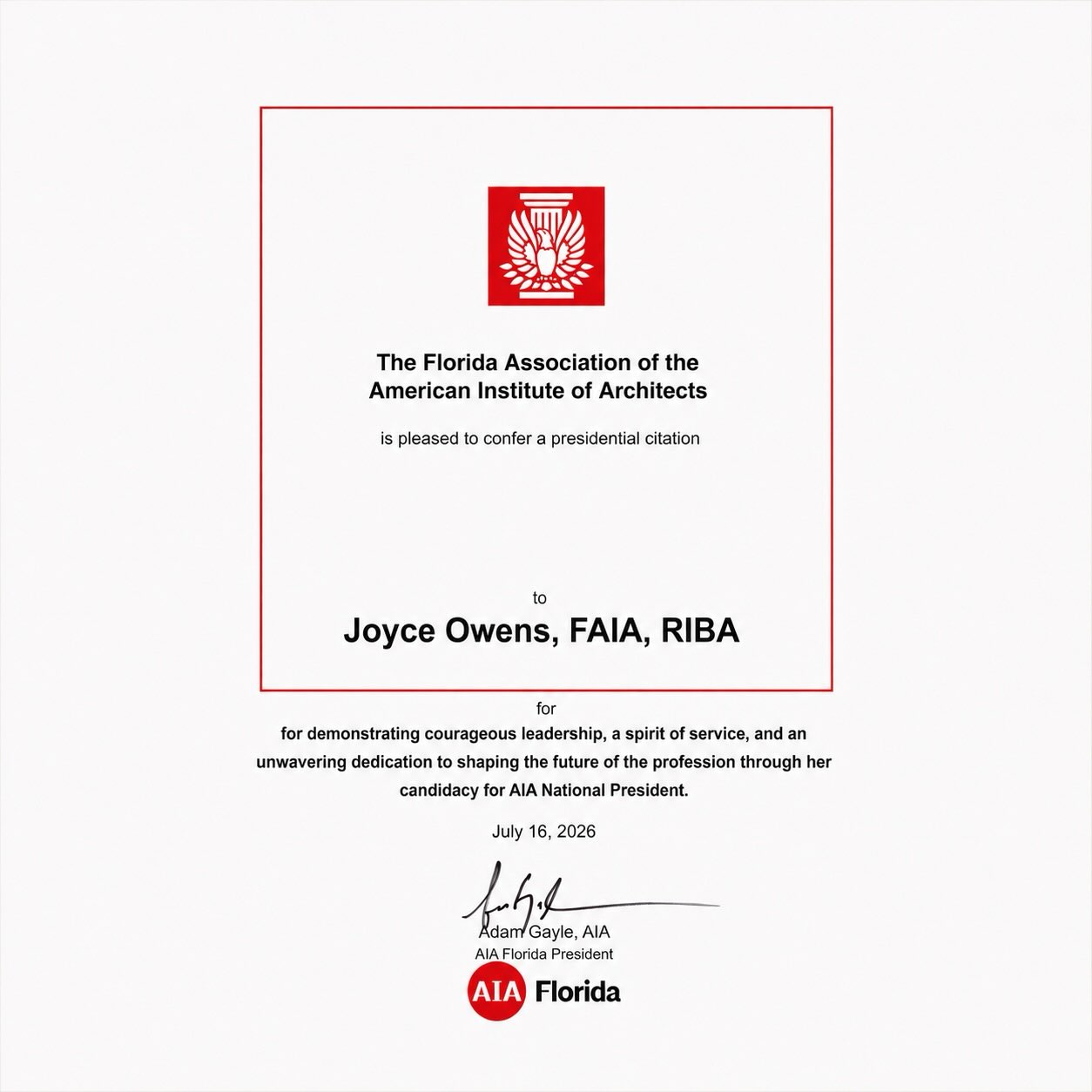 We are incredibly proud to celebrate this well-deserved recognition of our founder and principal, Joyce Owens, FAIA, RIBA.
Joyce has been honored with a Presidential Citation from @aia_florida in recognition of her courageous leadership, unwavering service, and dedication to advancing the architectural profession through her candidacy for @aianational President.
Leadership is about more than designing buildings, it is about serving the profession, mentoring future architects, and helping shape the future of architecture. Joyce has exemplified those values throughout her career, and we are grateful to see her commitment recognized.
We are excited for the journey ahead and look forward to supporting Joyce as she continues to serve architects across not only Florida but, the nation.
Congratulations, Joyce! Your passion, vision, and leadership inspire all of us at AJO every day.
#Architect #Leadership #WomenInArchitecture #DesignLeadership