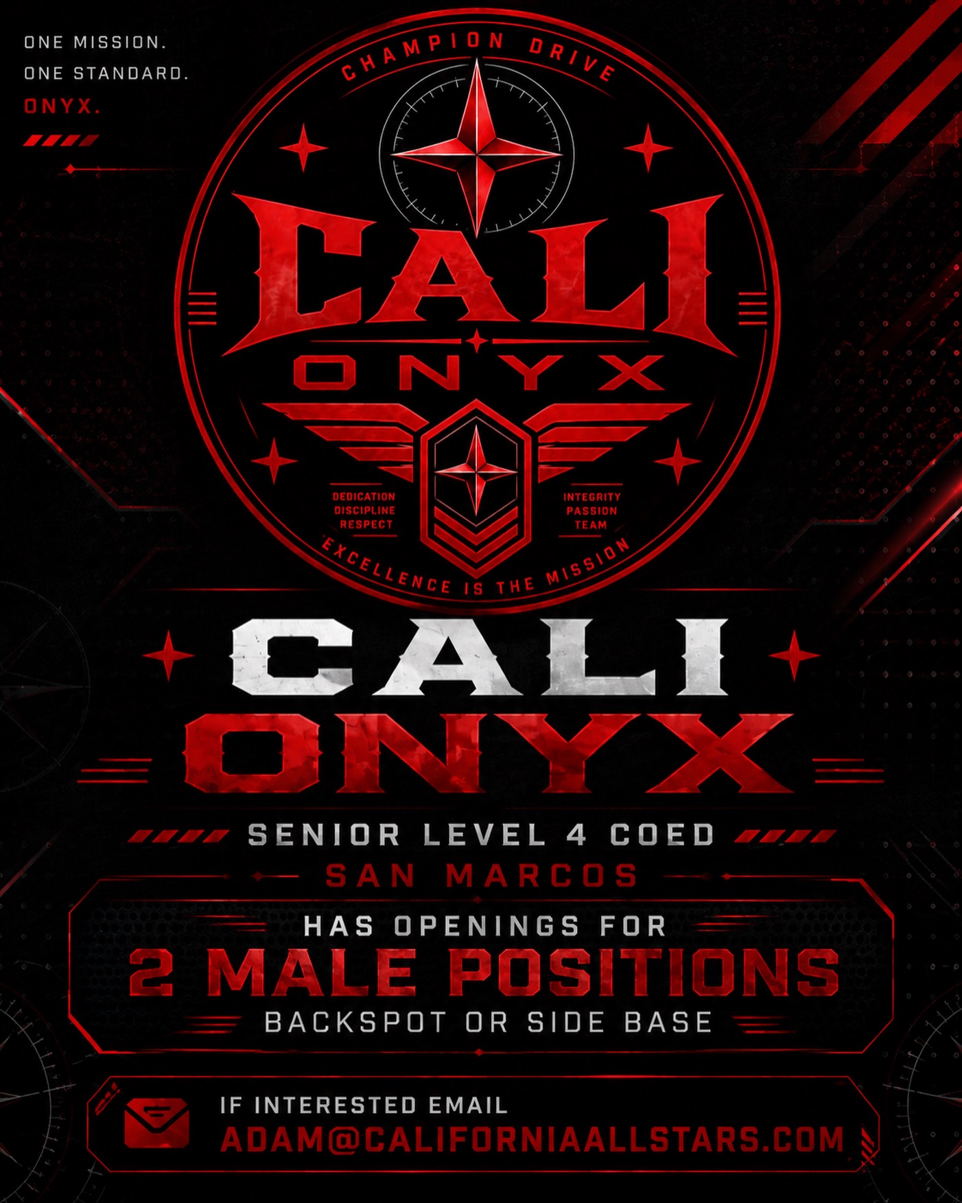 YOUR SPOT IS WAITING.
CALI Onyx is looking for 2 dedicated male athletes to round out our Senior Level 4 Coed roster.
? Backspot or Side Baseโจ? San Marcos
If youโre ready to train hard, compete harder, and represent CALI, letโs talk!
? Adam@CaliforniaAllStars.com
#californiaallstars #thisisCALI #CALIonyx