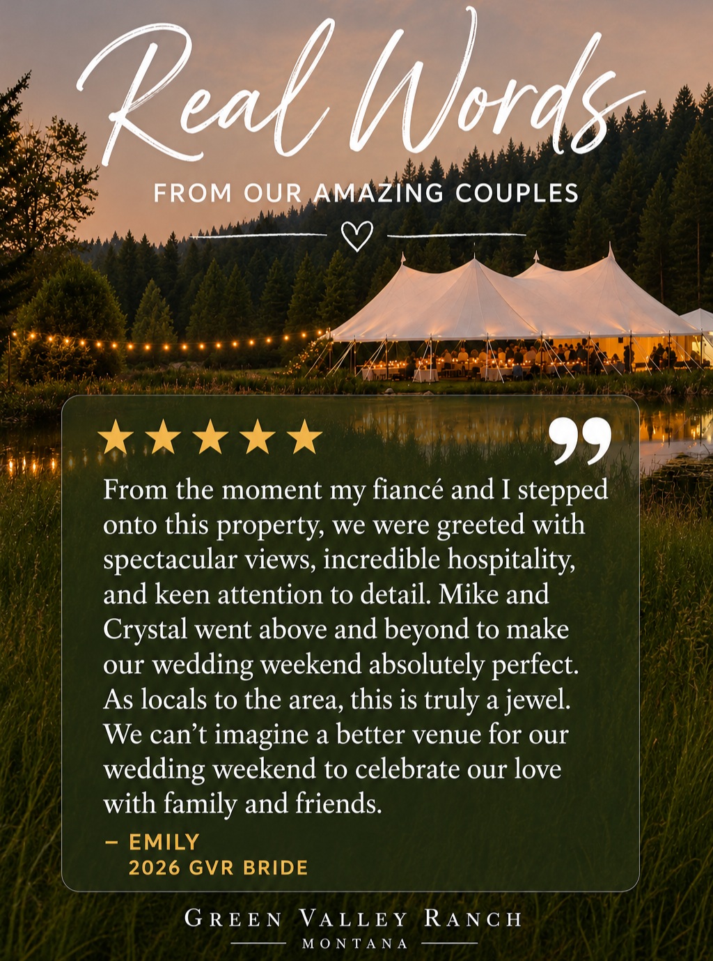 Reviews like this mean the world to us. ?
There’s something truly special about seeing Green Valley Ranch through the eyes of the couples who celebrate here. From the quiet moments to the big celebrations under the Montana sky, we’re grateful to be a small part of memories that will last a lifetime.
Thank you, Emily for the incredibly kind words—and for choosing GVR for such a special weekend. ✨
#GreenValleyRanchMontana #MontanaWedding #MontanaWeddingVenue #GlacierNationalParkWedding #DestinationWedding #MontanaBride