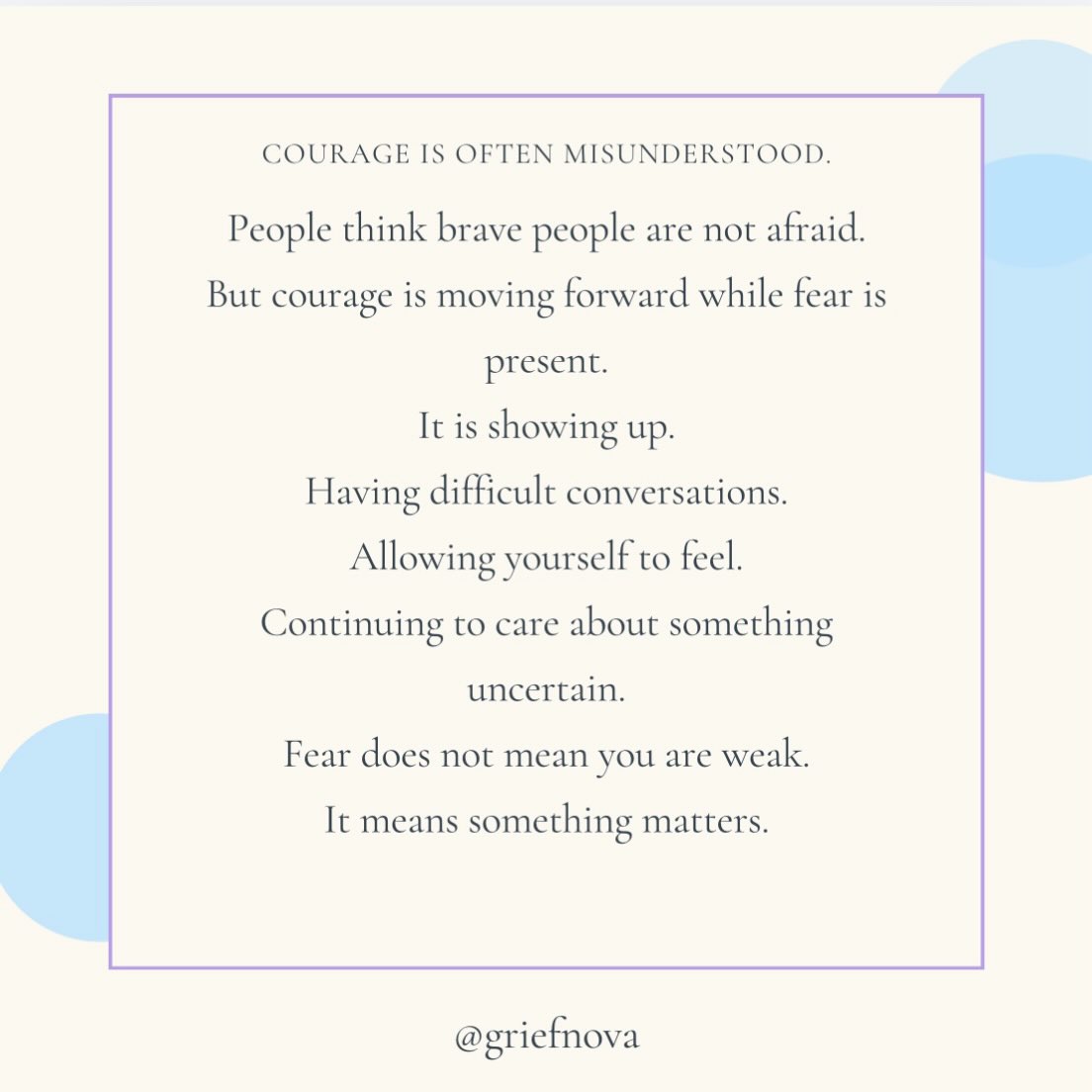 COURAGE IS OFTEN MISUNDERSTOOD.
People think brave people are not afraid But courage is moving forward while fear is
present.
It is showing up.
Having difficult conversations.
Allowing yourself to feel.
Continuing to care about something uncertain.
Fear does not mean you are weak.
It means something matters.
?
Infertility impacts every area of your life, you need support while you grieve. I’m always here to listen, validate and support you no matter where you are on your journey. You don’t have to go through this alone. When you’re ready, let’s meet for a 20 min complimentary session.
www.griefnova.com
#infertilityawareness awareness #InfertilityGrief
#PregnancyLossSupport
#TraumalnformedCare