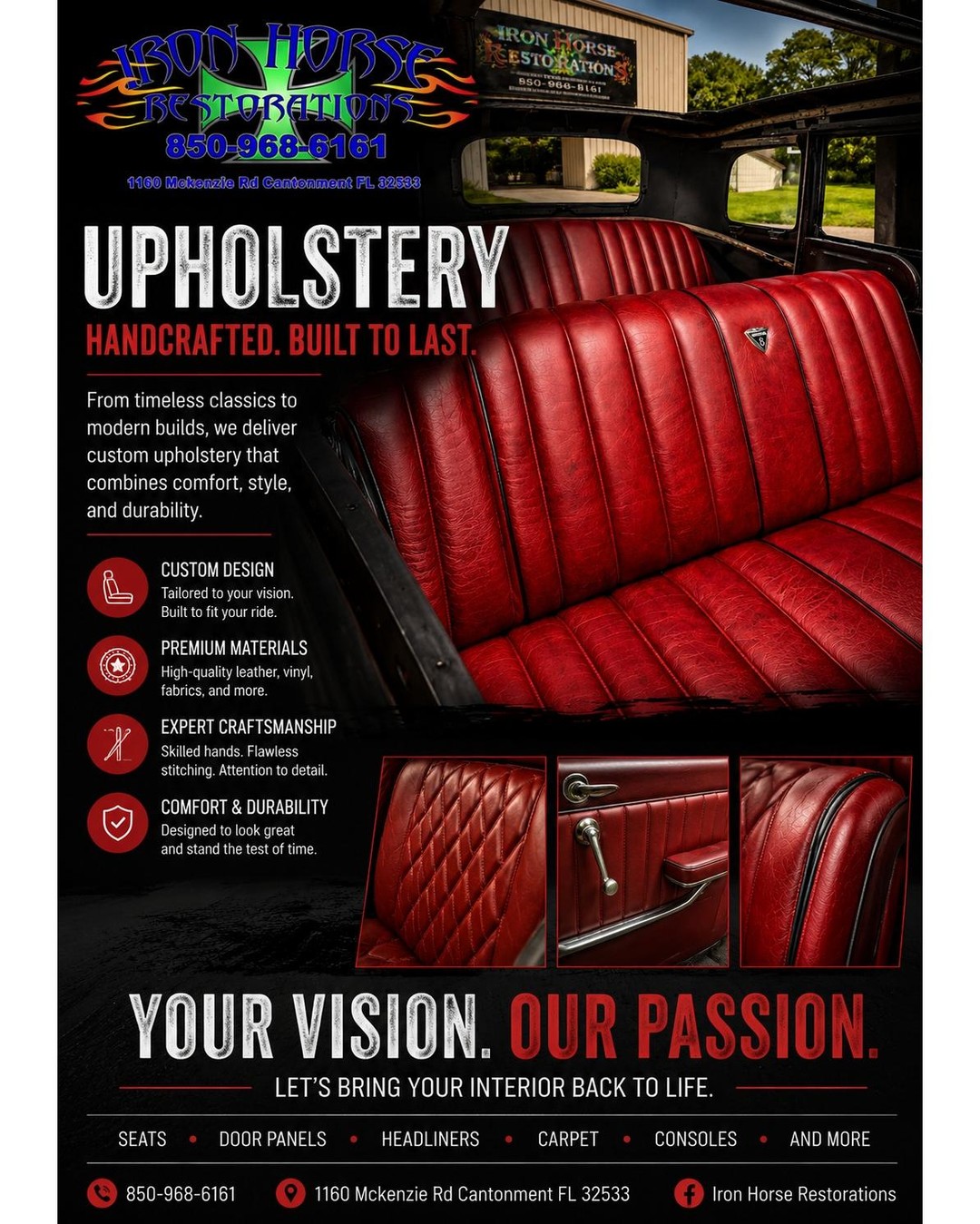 ✨ Give Your Interior a Fresh New Look! ✨
From worn-out seats to show-stopping interiors, our custom upholstery services are designed to bring your vision to life. Whether you're restoring a classic, upgrading your daily driver, or building your dream ride, we've got you covered with craftsmanship you can be proud of.
? Custom Upholstery
? Quality Craftsmanship
? Classic • Muscle • Modern • Custom
Ready to transform your interior? Contact Iron Horse Restorations today for a consultation!
#IronHorseRestorations #CustomUpholstery #ClassicCarRestoration #AutomotiveUpholstery #CarInterior #CustomCars #RestorationShop #CarRestoration #DreamBuild #Craftsmanship