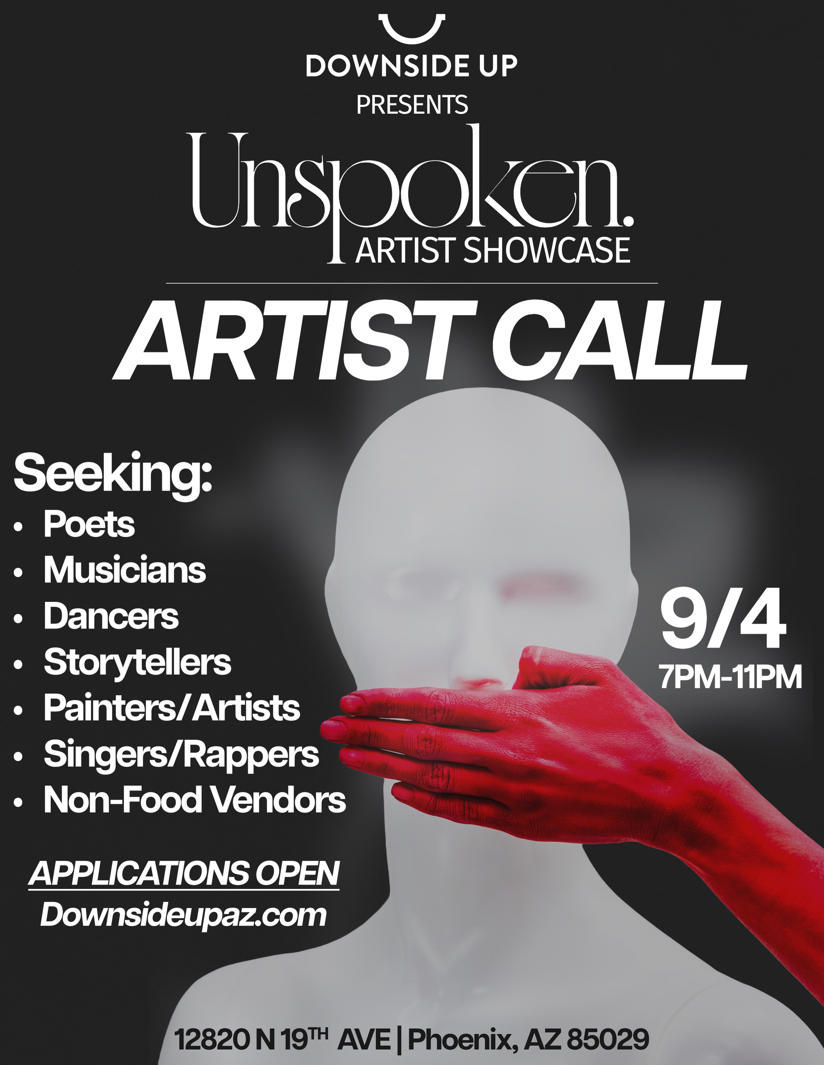 CALLING ALL CREATIVES!!!
APPLICATIONS ARE NOW OPEN!!! This one is going to be a fun first Friday !?
Downsideupaz.com
#art #creatives #artistshowcase #phoenix #downsideup