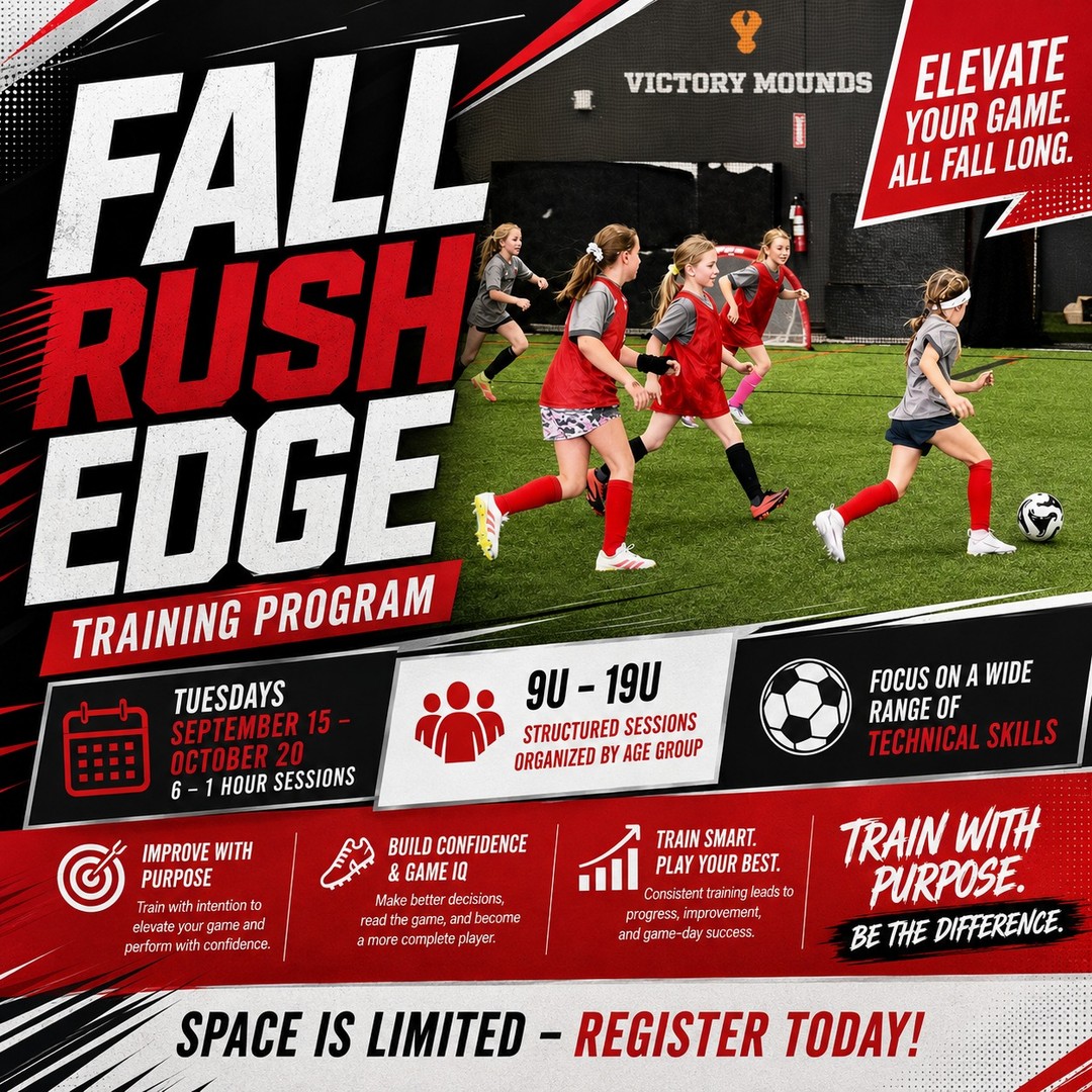 Elevate your game this season with Fall Rush Edge Training ⚽️?
Purposeful, high-rep training built to sharpen technical skills, boost match confidence, and raise your game intelligence.
?️ Tuesdays | Sept 15 – Oct 20 (6 Weeks)
⏰ Format: 1-Hour High-Intensity Sessions
? Ages: 9U–19U (Grouped by age for optimal development)
Focus on key technical reps, sharper decision-making, and elite ball control. Train with purpose. Be the difference.
Spots filling fast! ?
? Register Now: link in bio!